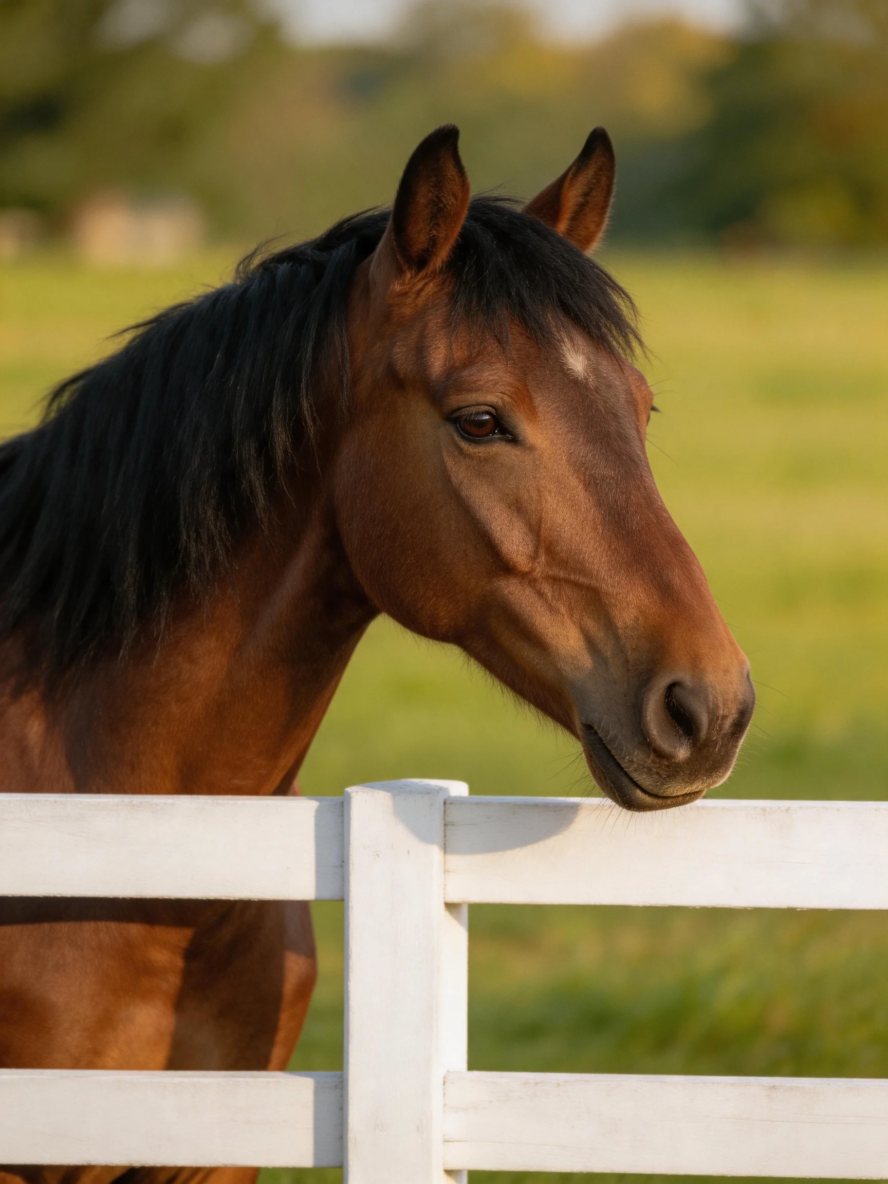 A chestnut horse with black mane near a white wooden fence