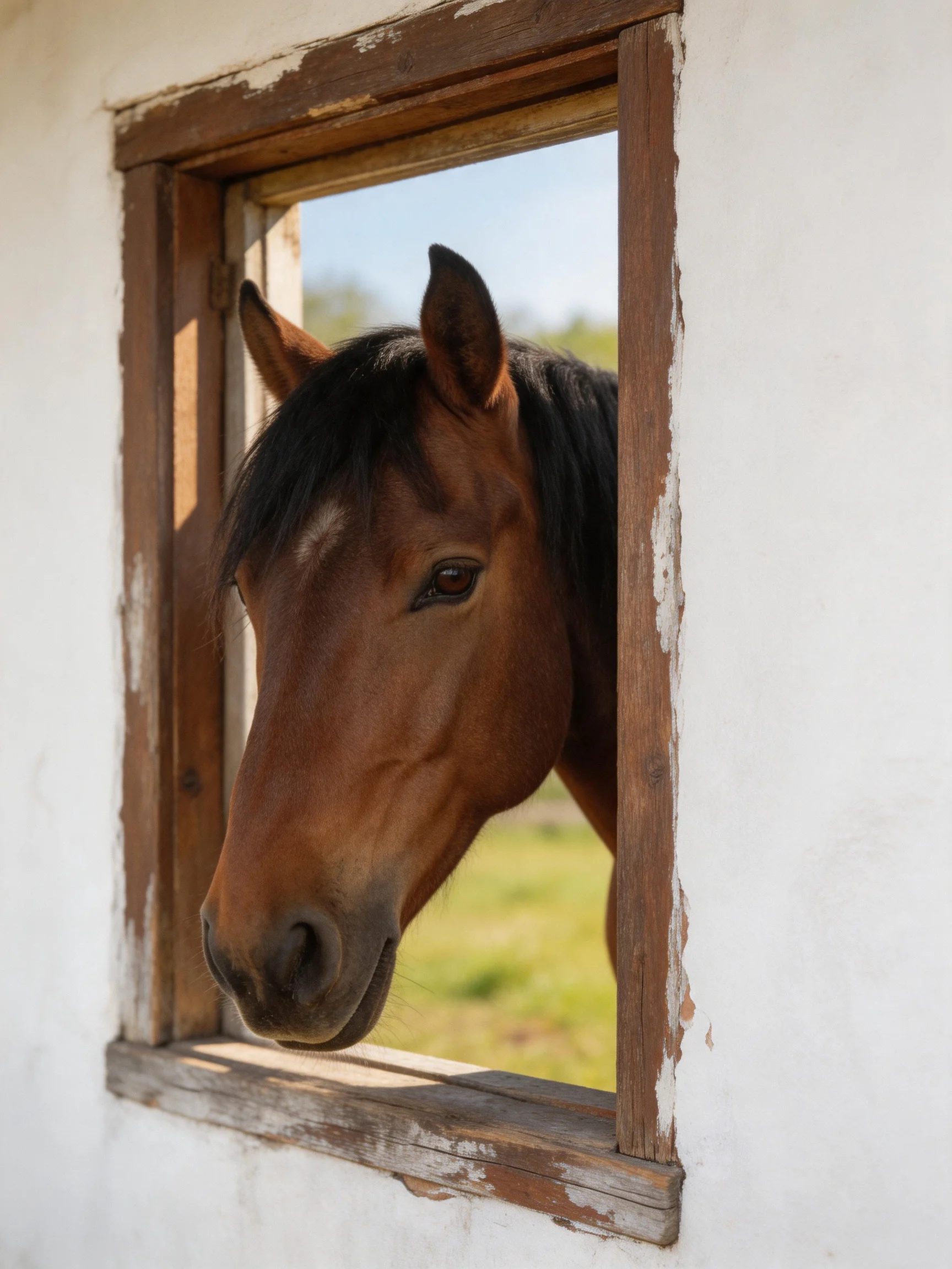 A chestnut horse with black mane peeks through an aged wooden window