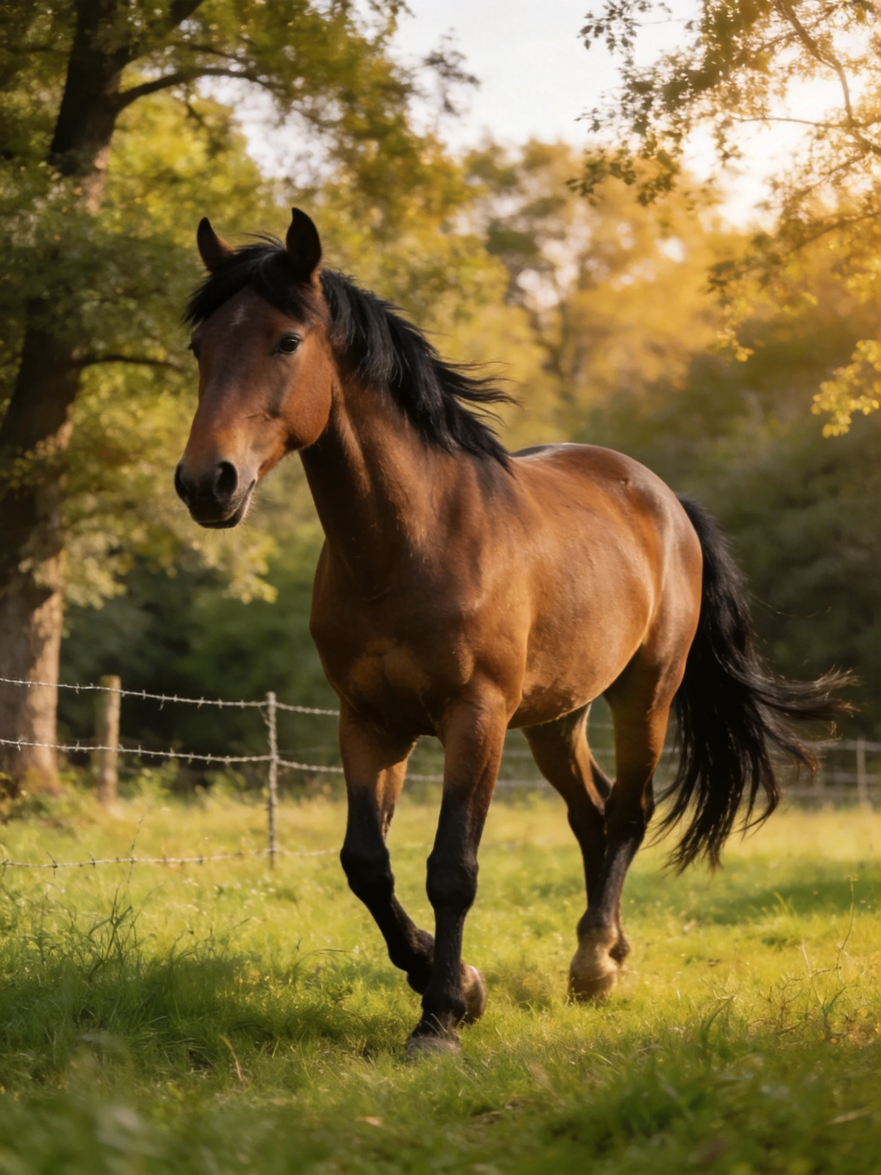 A chestnut horse with black mane trotting through a sunlit pasture