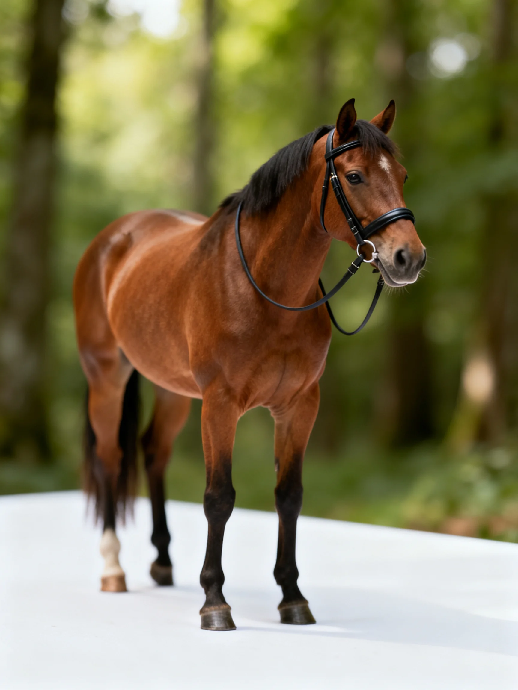 A chestnut horse with black tack stands on a white surface in a wooded area.