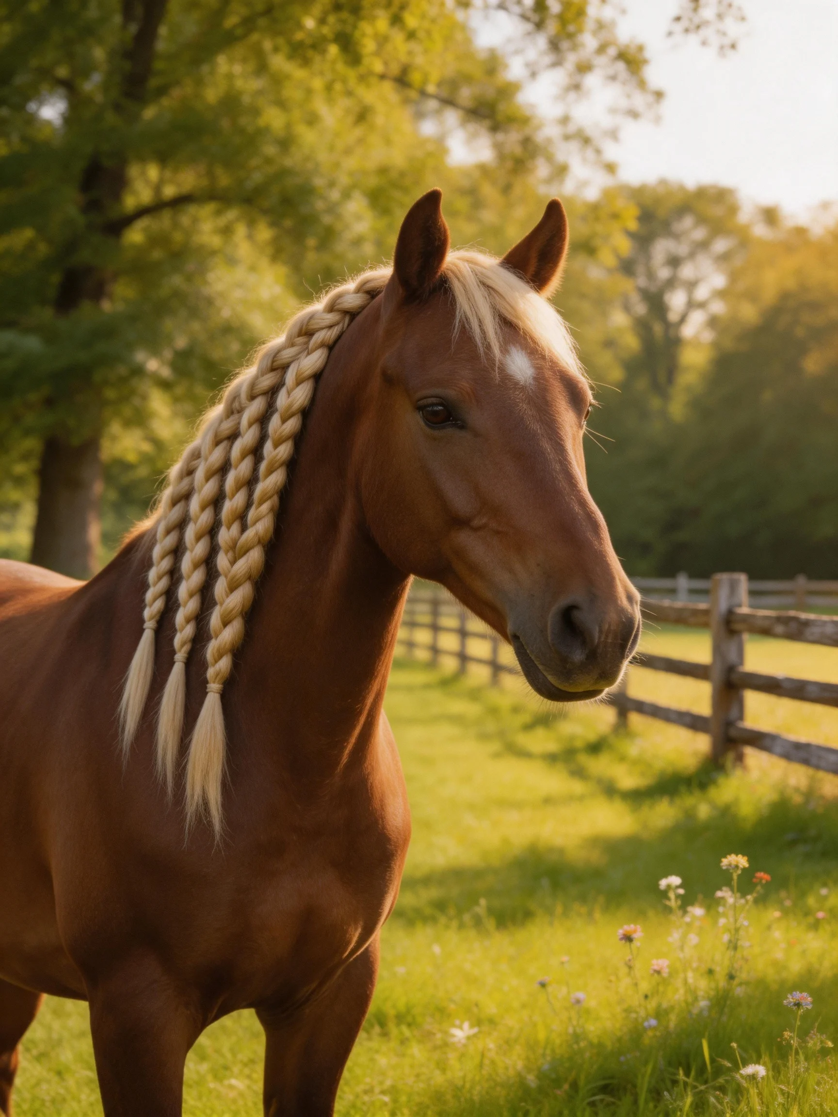 A chestnut horse with blonde braided mane in a sunlit pasture