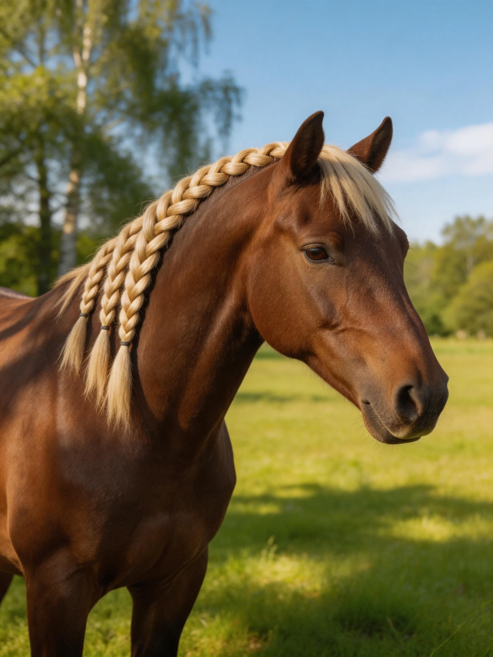 A chestnut horse with blonde braided mane in a sunny meadow