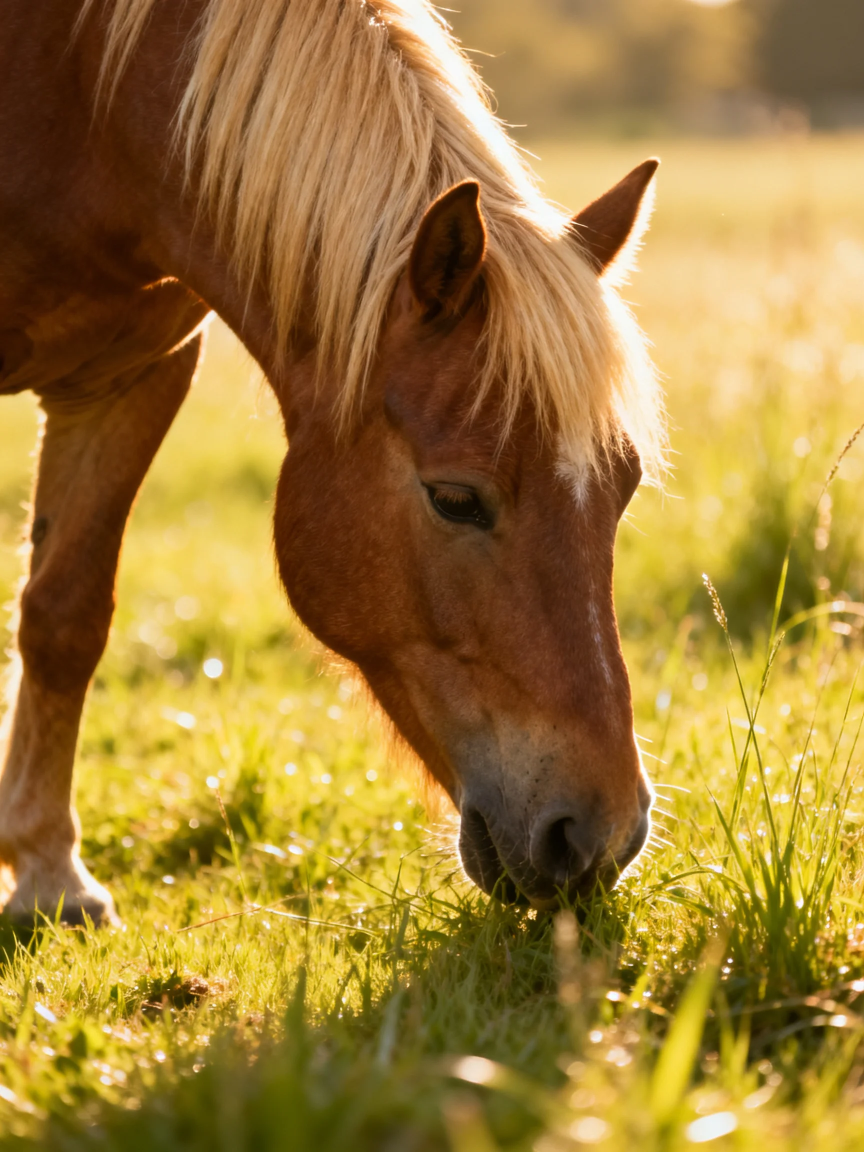A chestnut horse with blonde mane grazes in a sun-drenched green pasture