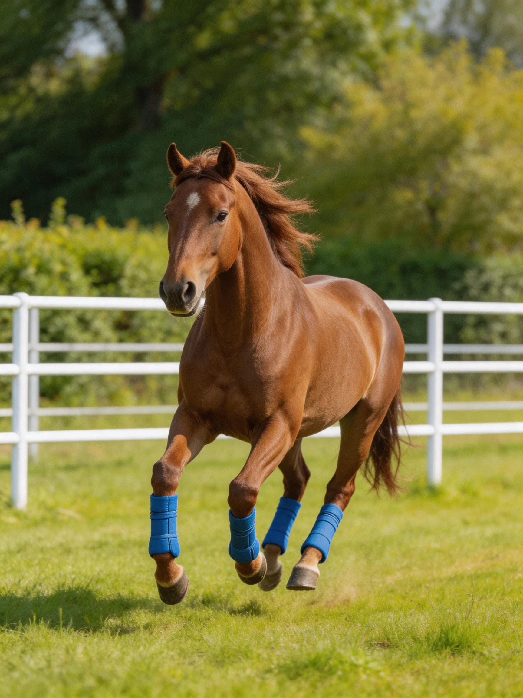 A chestnut horse with blue leg wraps galloping in a fenced pasture