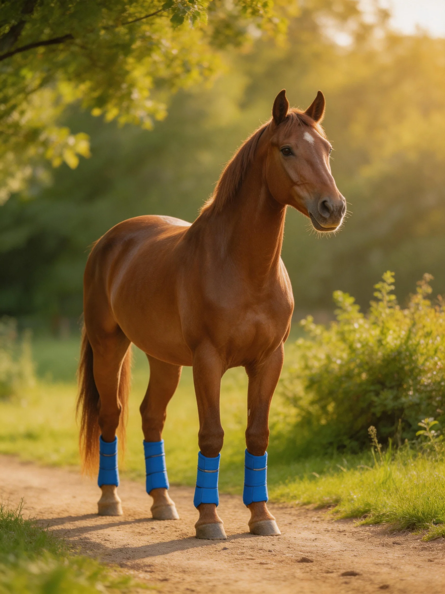 A chestnut horse with blue leg wraps on a sunlit dirt path