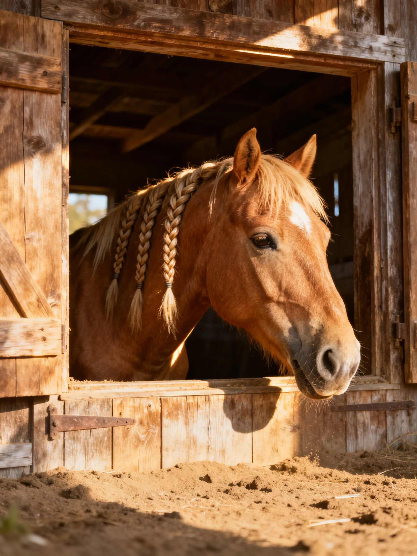 A chestnut horse with braided mane emerges from a weathered wooden stable