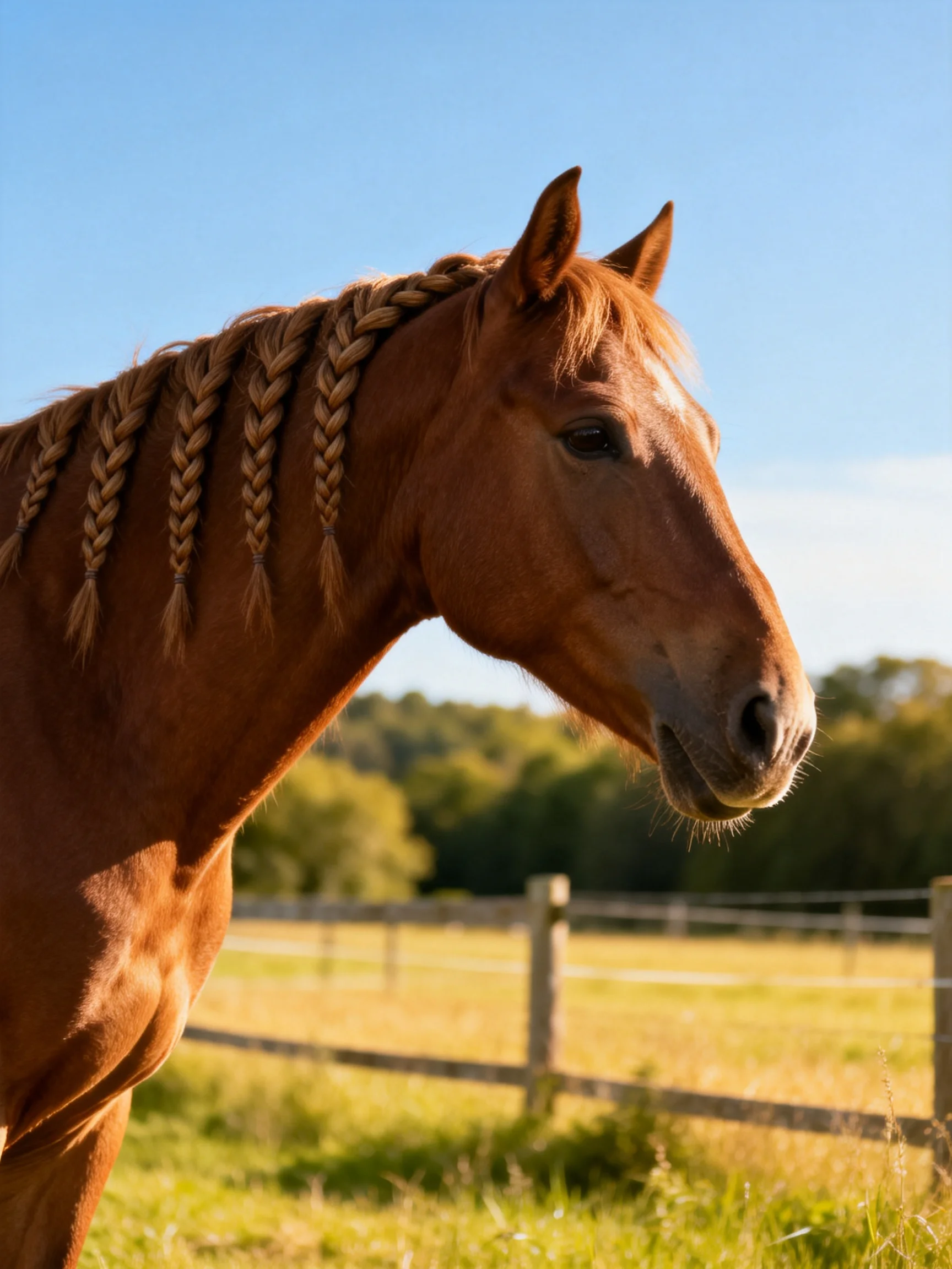 A chestnut horse with braided mane in a sunny pasture