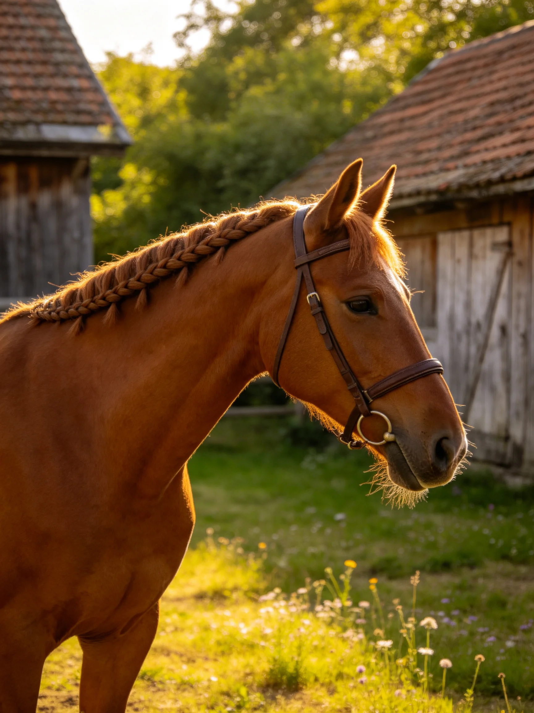 A chestnut horse with braided mane near weathered wooden barns