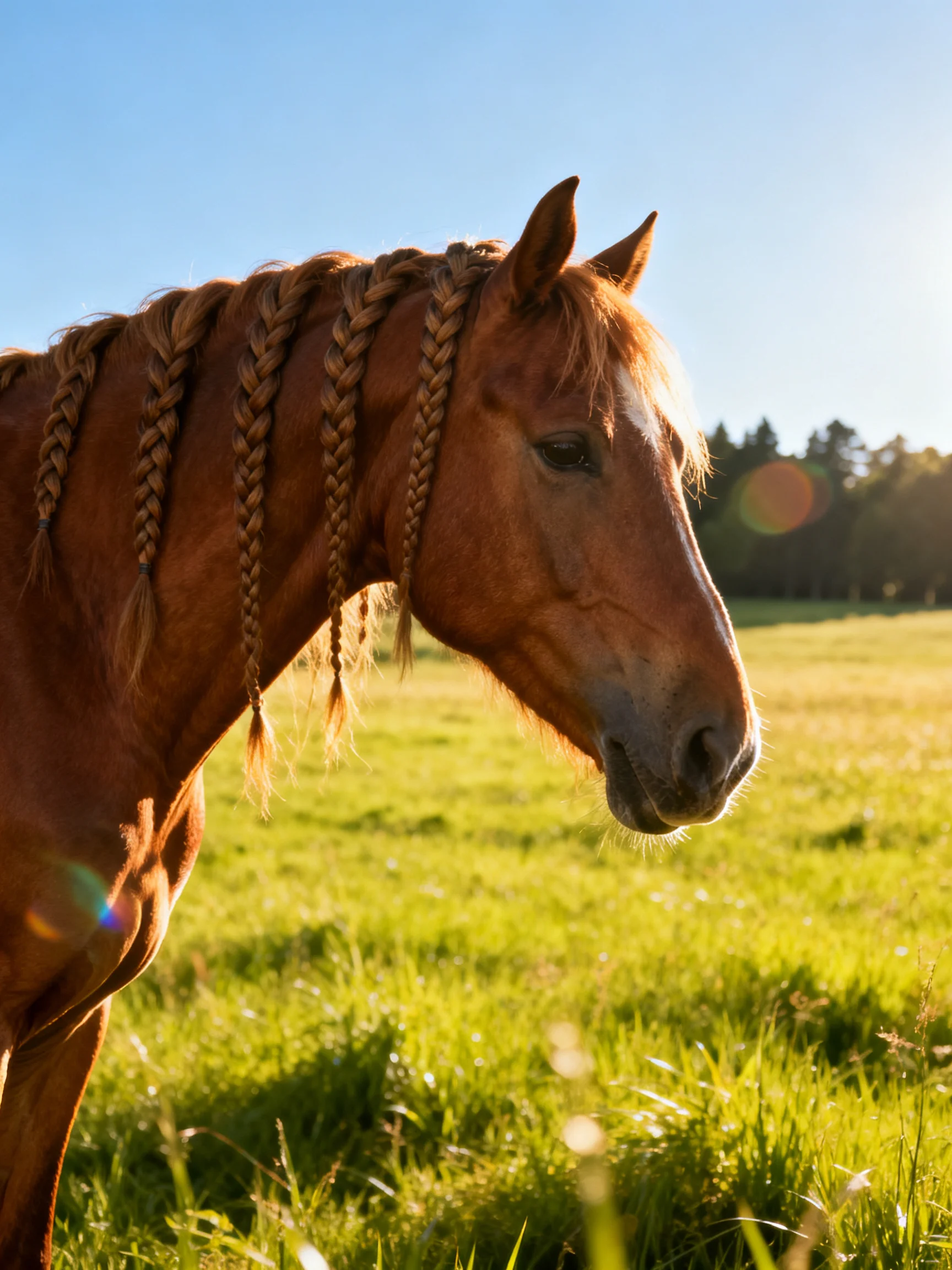 A chestnut horse with braided mane stands in a sunlit meadow
