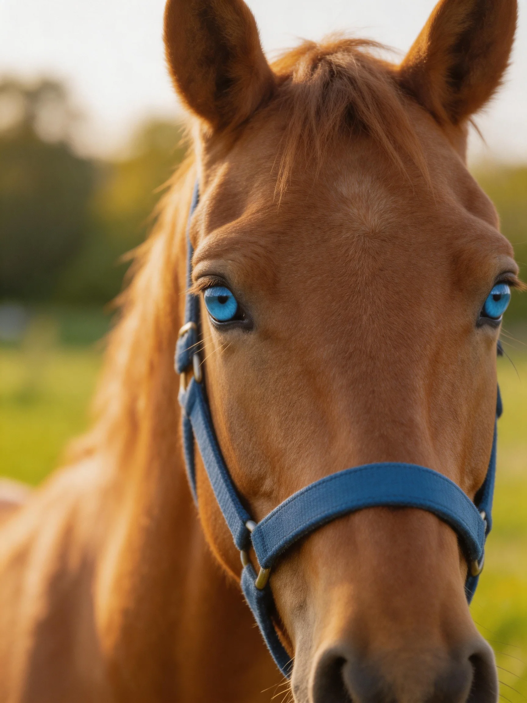 A chestnut horse with bright blue eyes and blue halter in a sunlit field