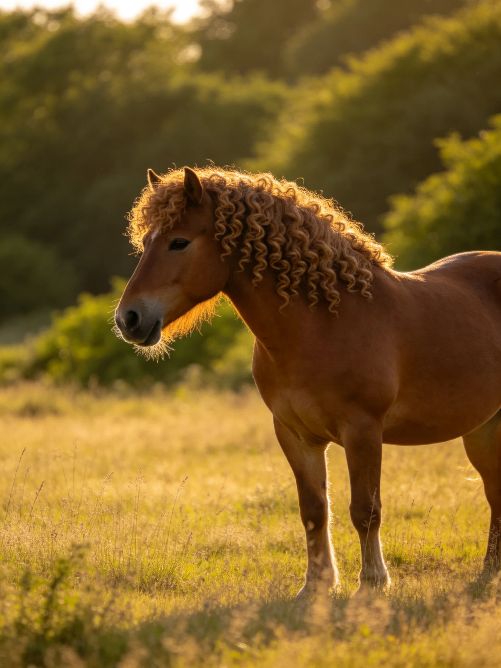 A chestnut horse with curly mane in a sunlit meadow
