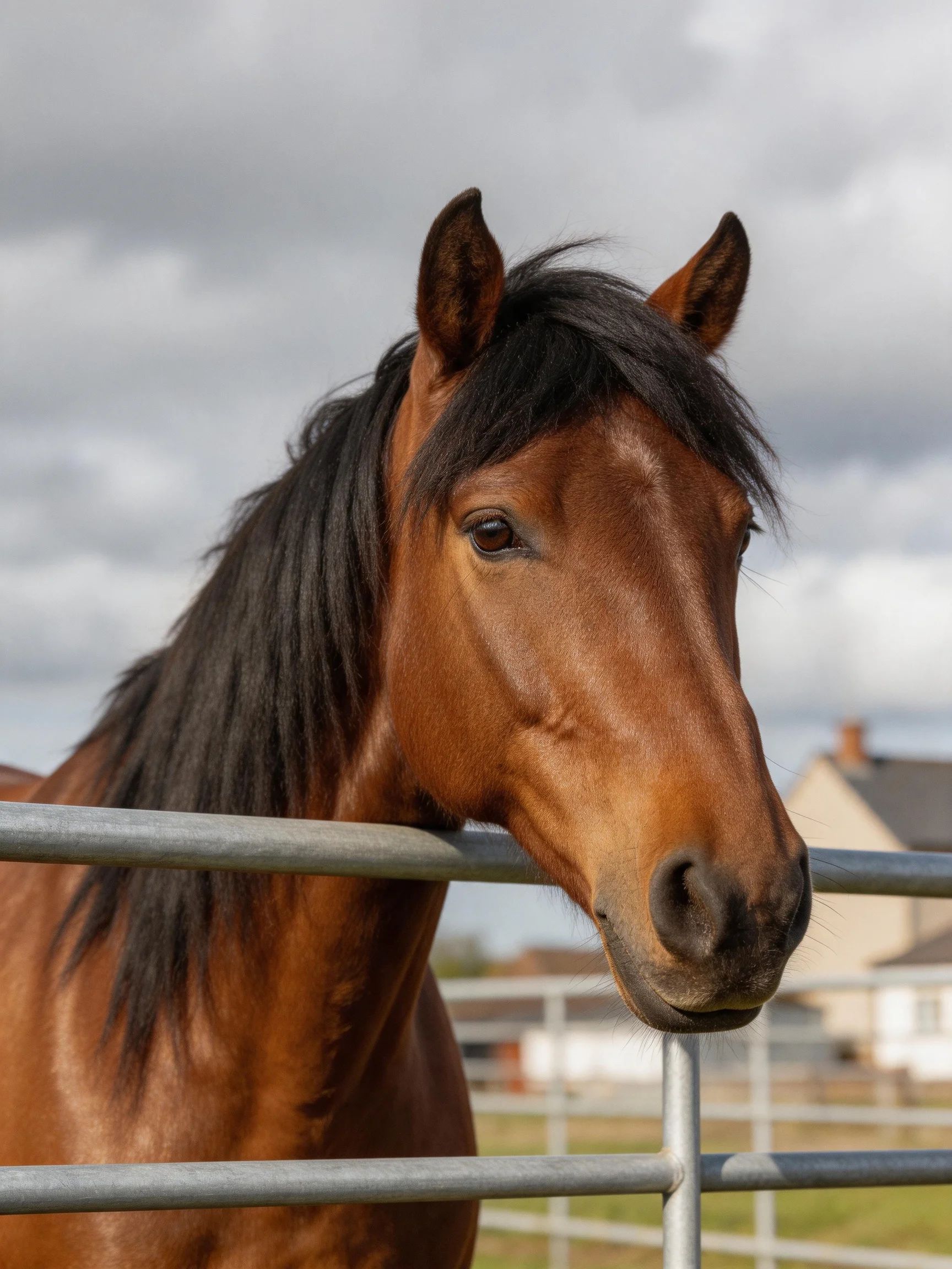 A chestnut horse with dark mane near metal fencing under overcast sky