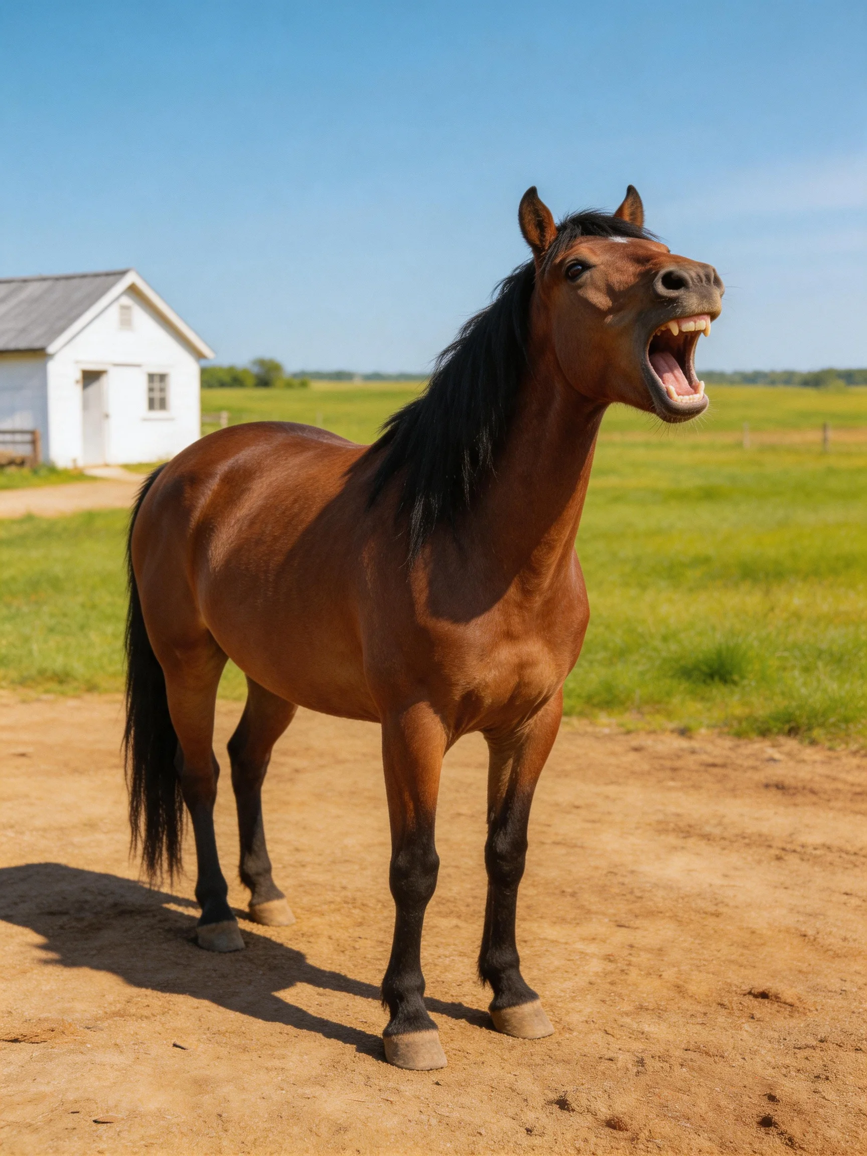 A chestnut horse with dark mane near white barn on sunny farm