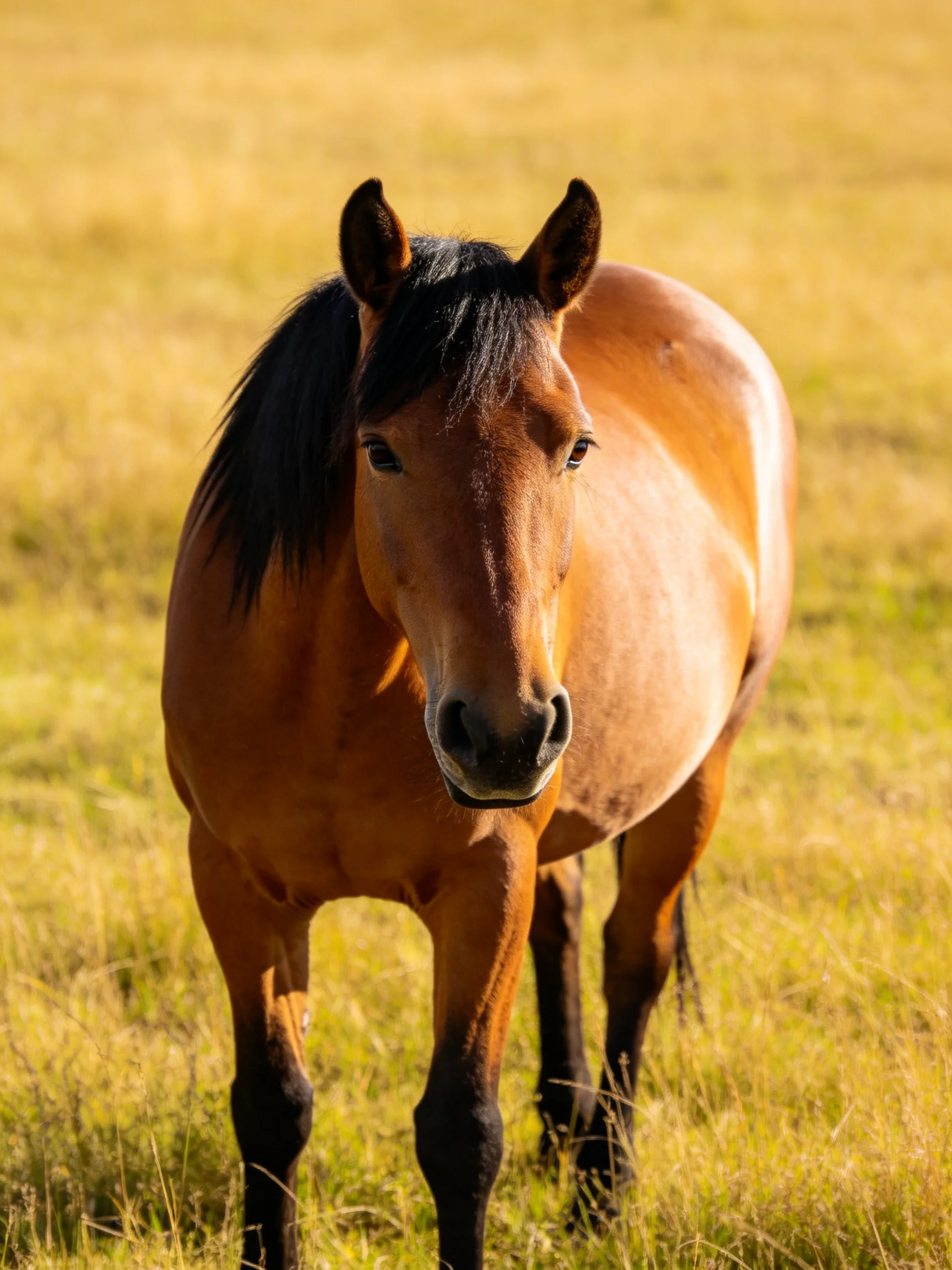 A chestnut horse with dark mane stands in golden grassland