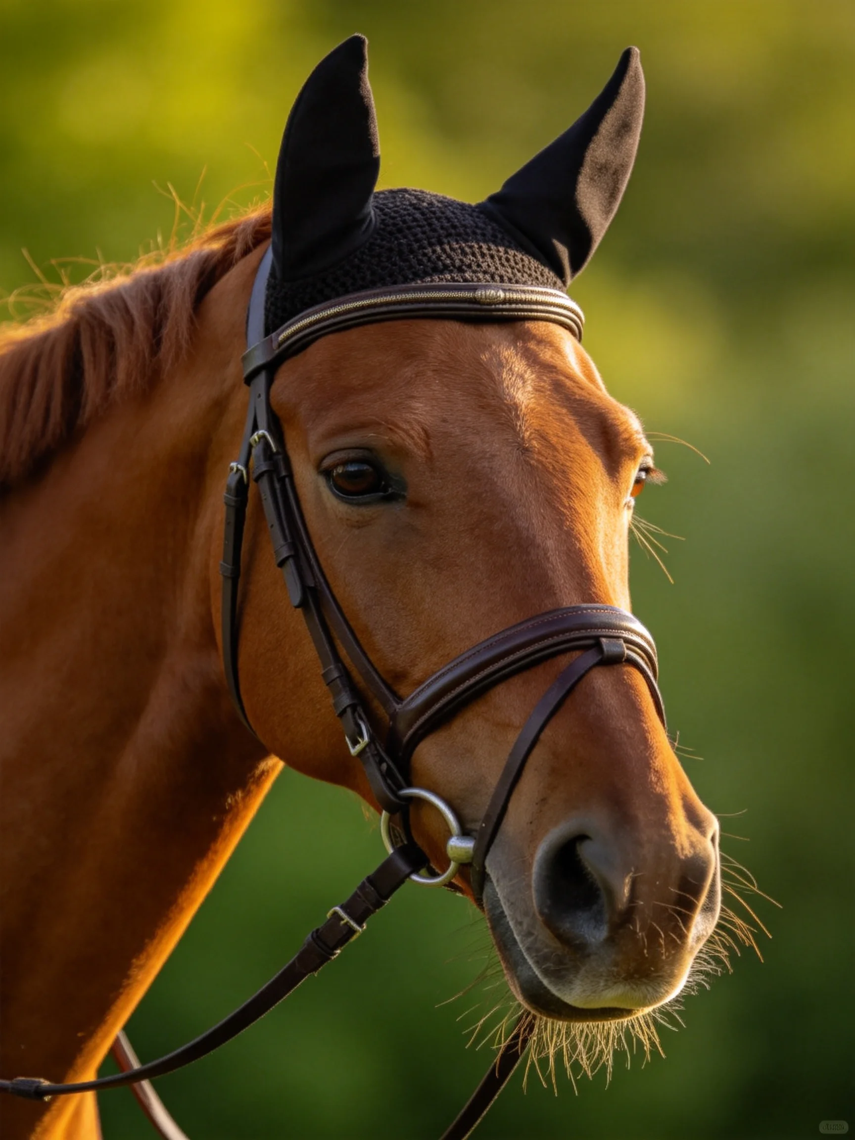A chestnut horse with riding equipment is shown outdoors with a blurred green background.