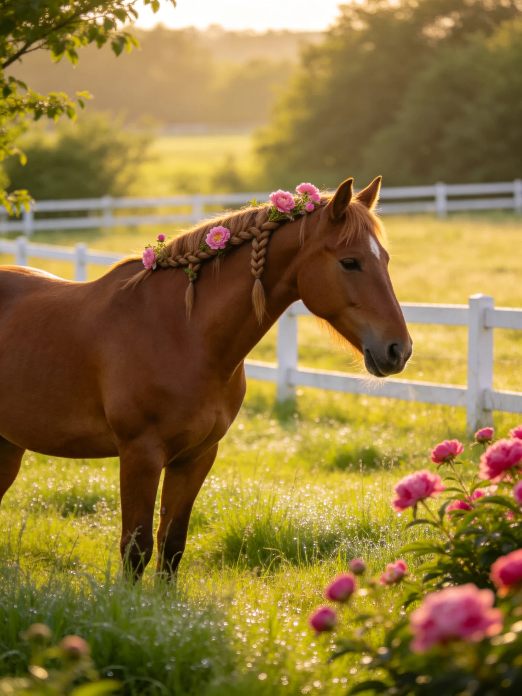 A chestnut horse with flower braids stands in a sunlit fenced area.