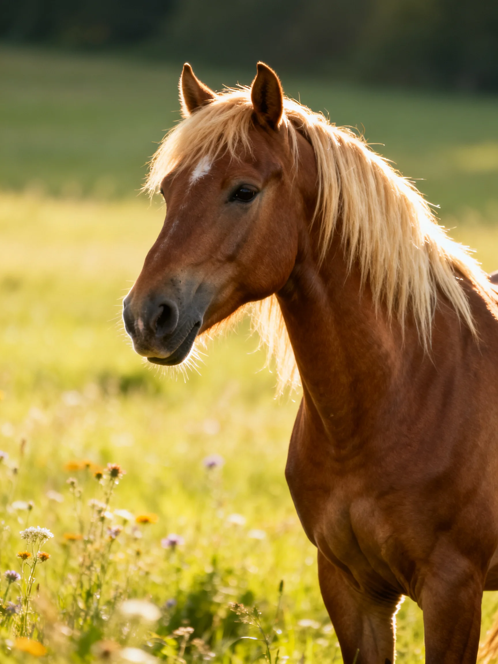 A chestnut horse with flowing golden mane in a sunlit meadow