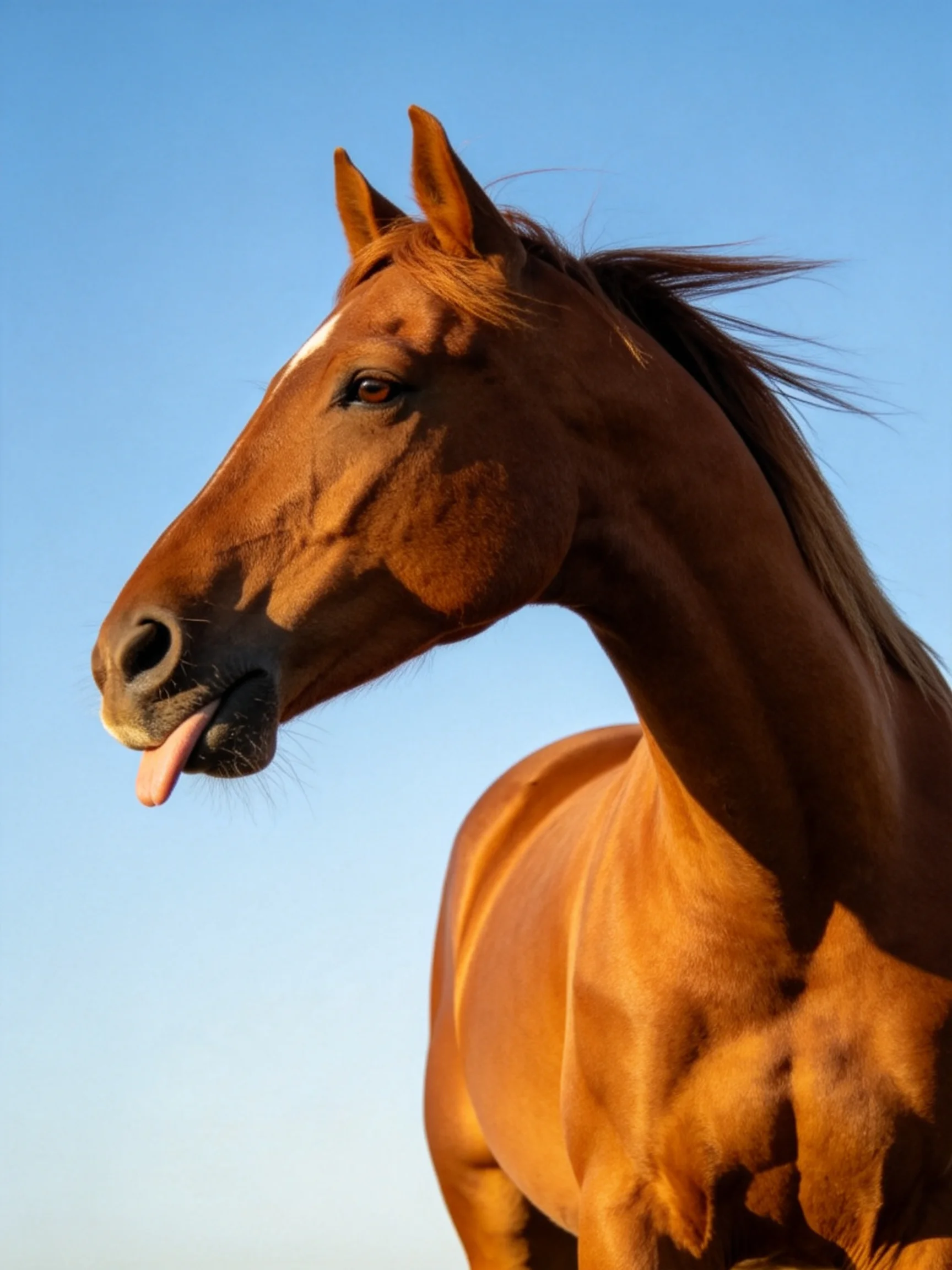 A chestnut horse with flowing mane against clear blue sky