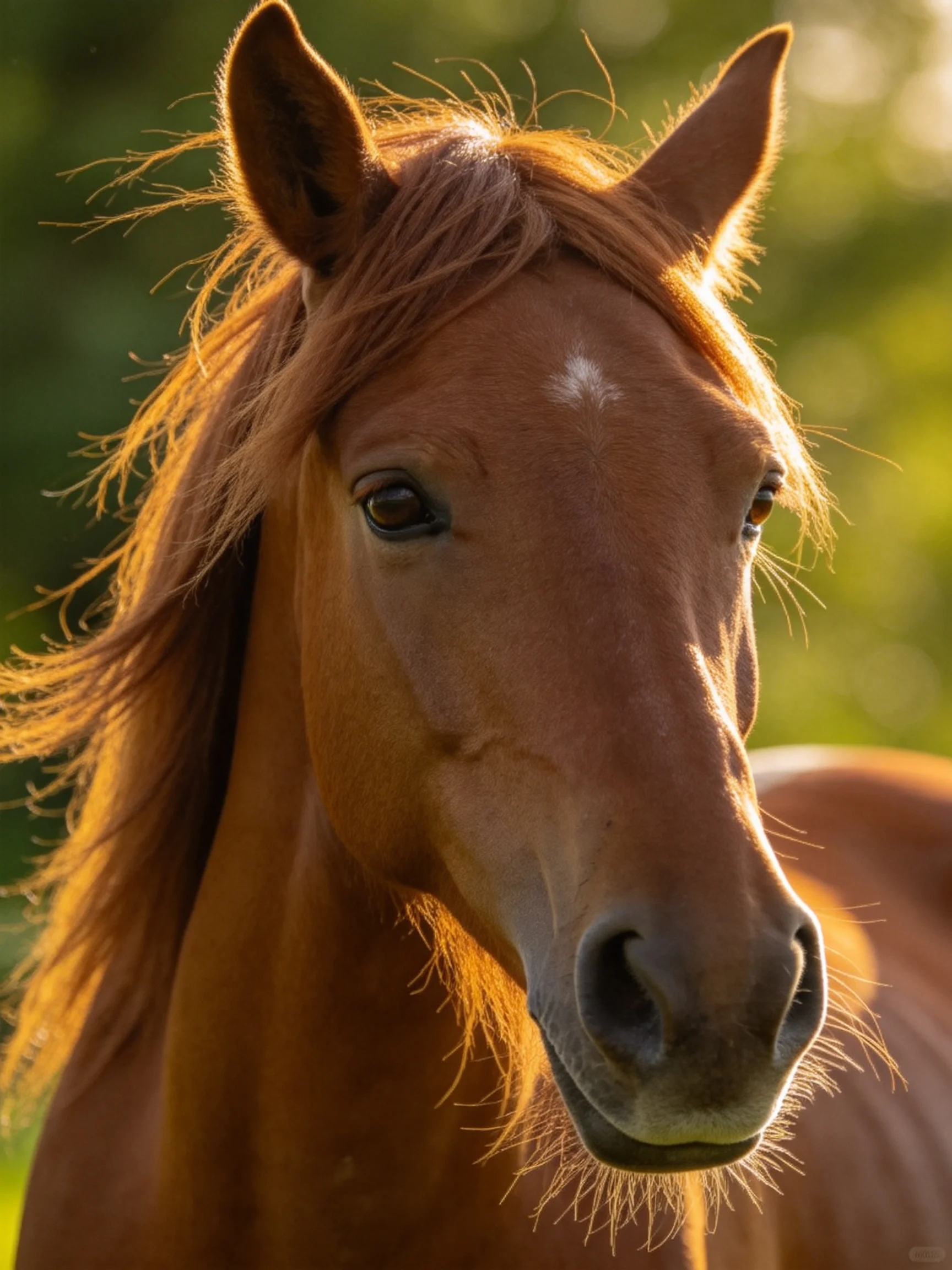 A chestnut horse with flowing mane illuminated by golden sunlight