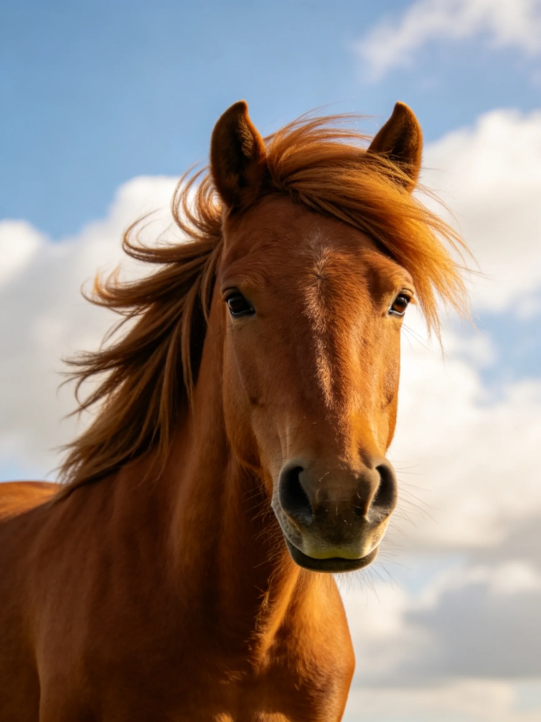 A chestnut horse with flowing mane stands beneath a bright blue sky with white clouds