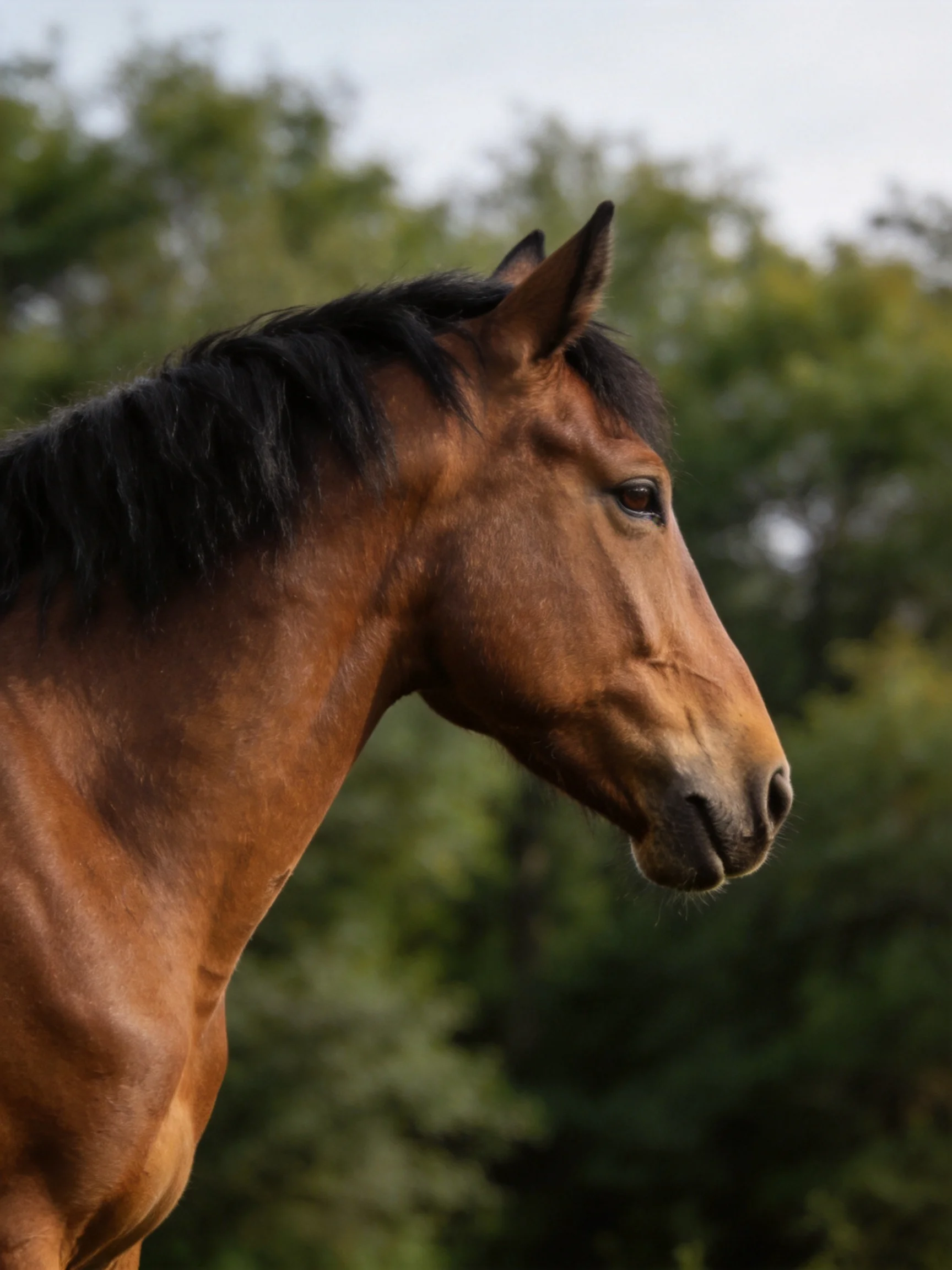A chestnut horse with glossy black mane in a lush green outdoor setting