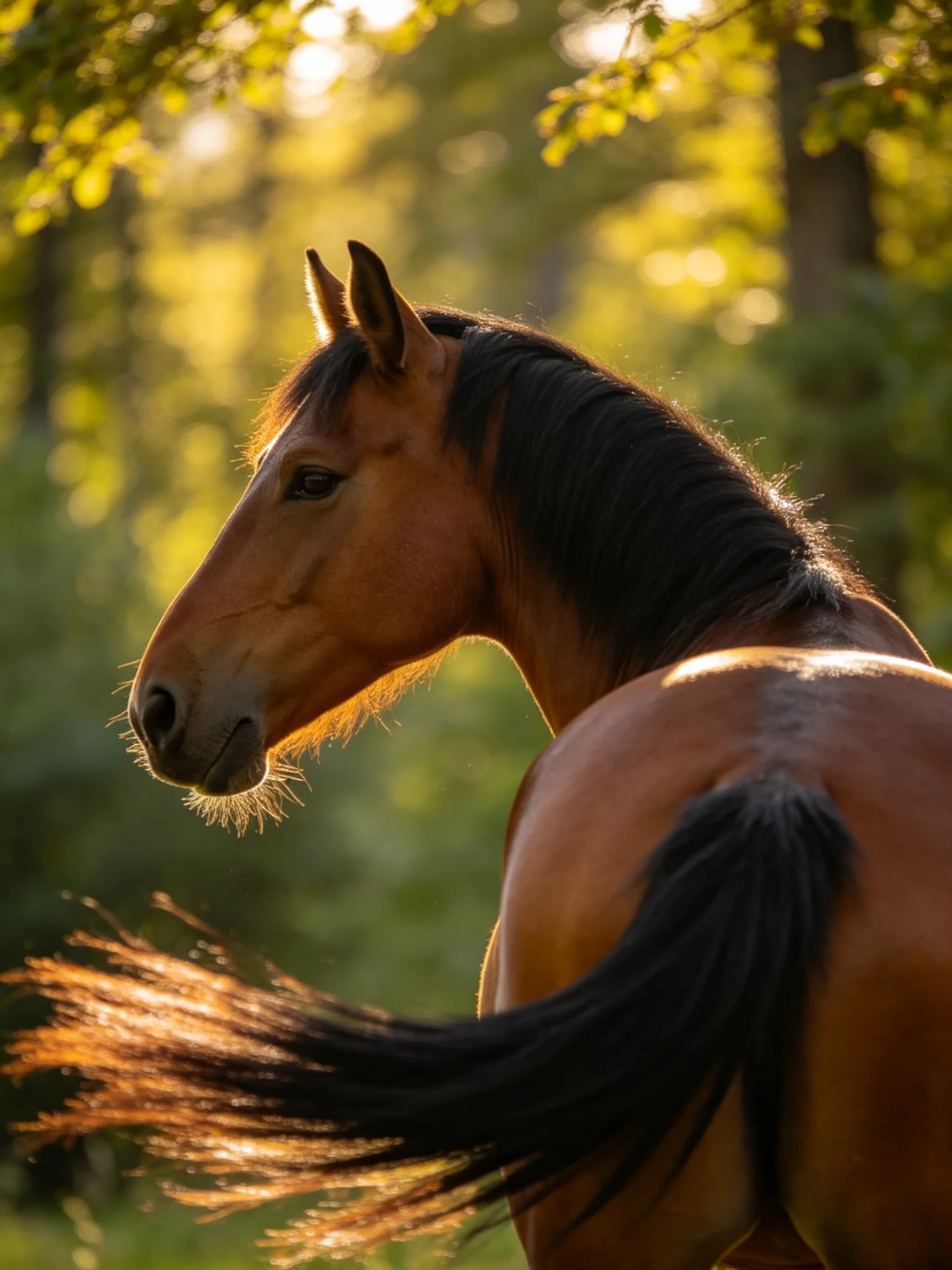 A chestnut horse with a dark mane is illuminated by sunlight in a forest
