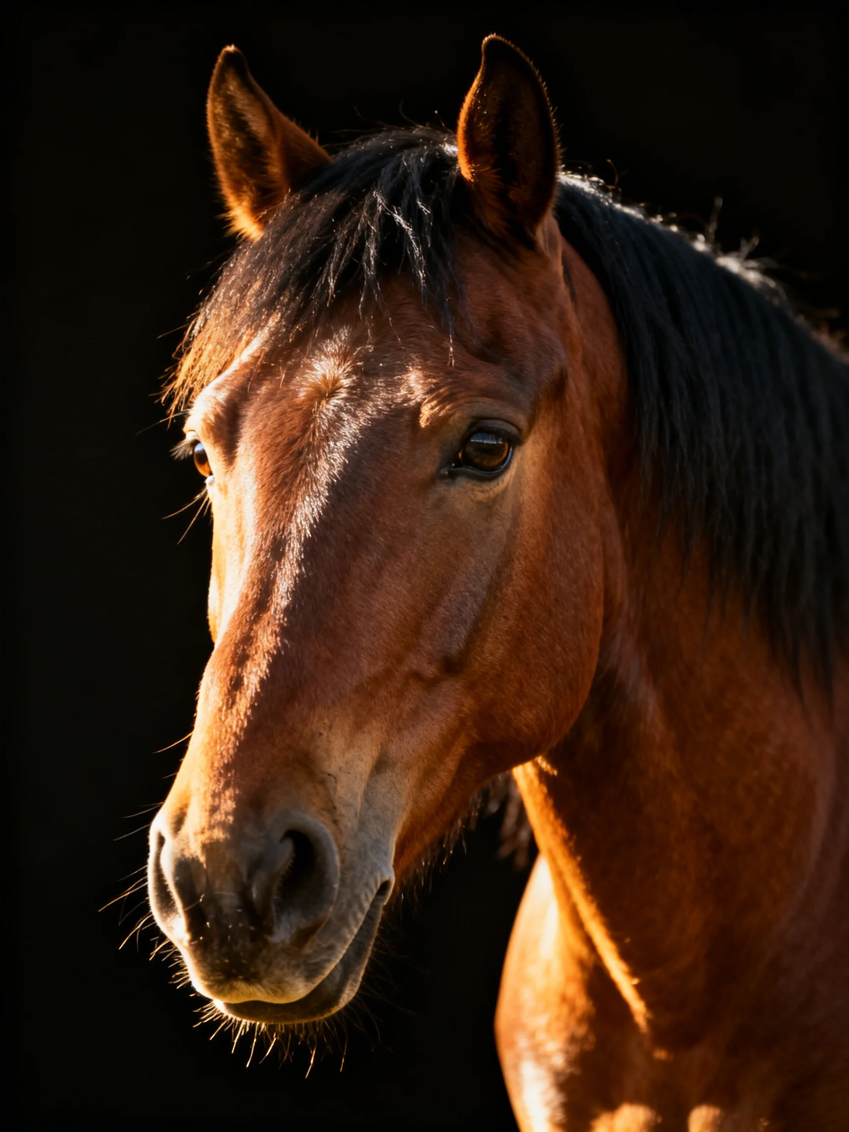 A chestnut horse is photographed up close with dramatic lighting showcasing its facial features.