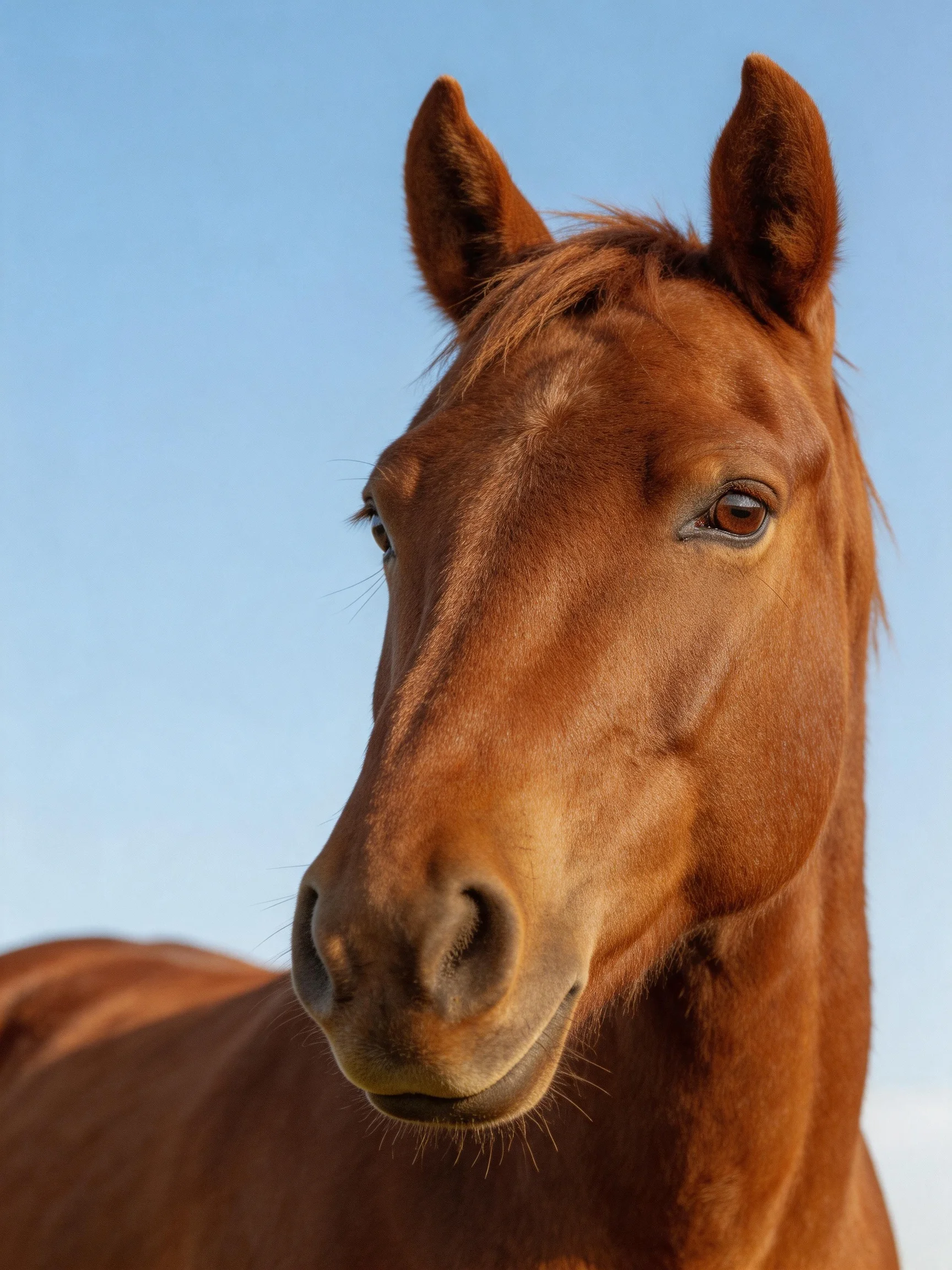 A chestnut horse with glossy coat against clear blue sky