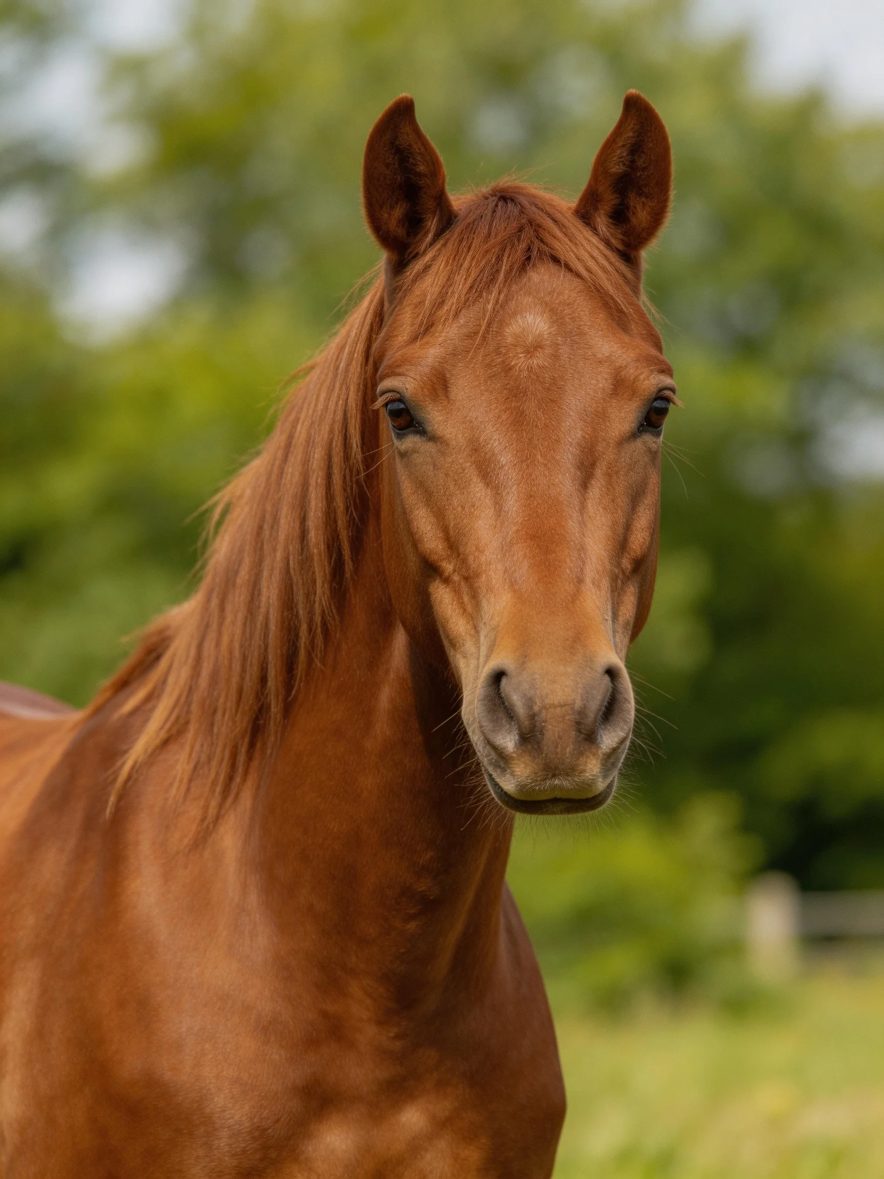 A chestnut horse with glossy coat in a lush green outdoor setting