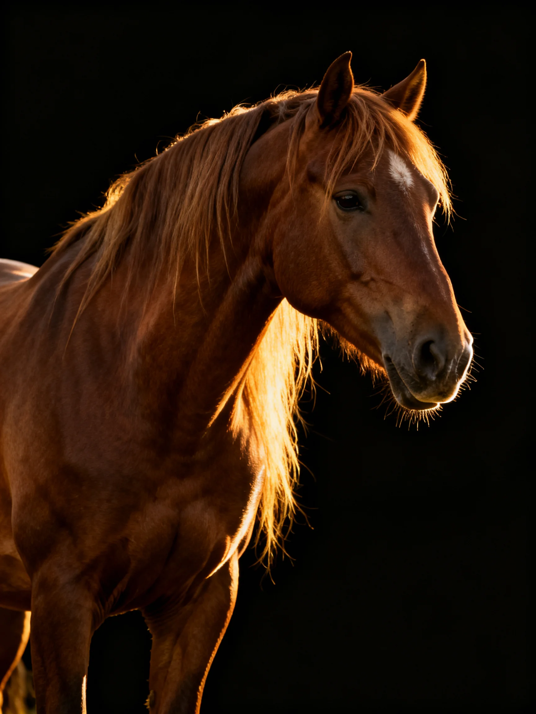 A chestnut horse with golden mane illuminated by dramatic lighting on a black background