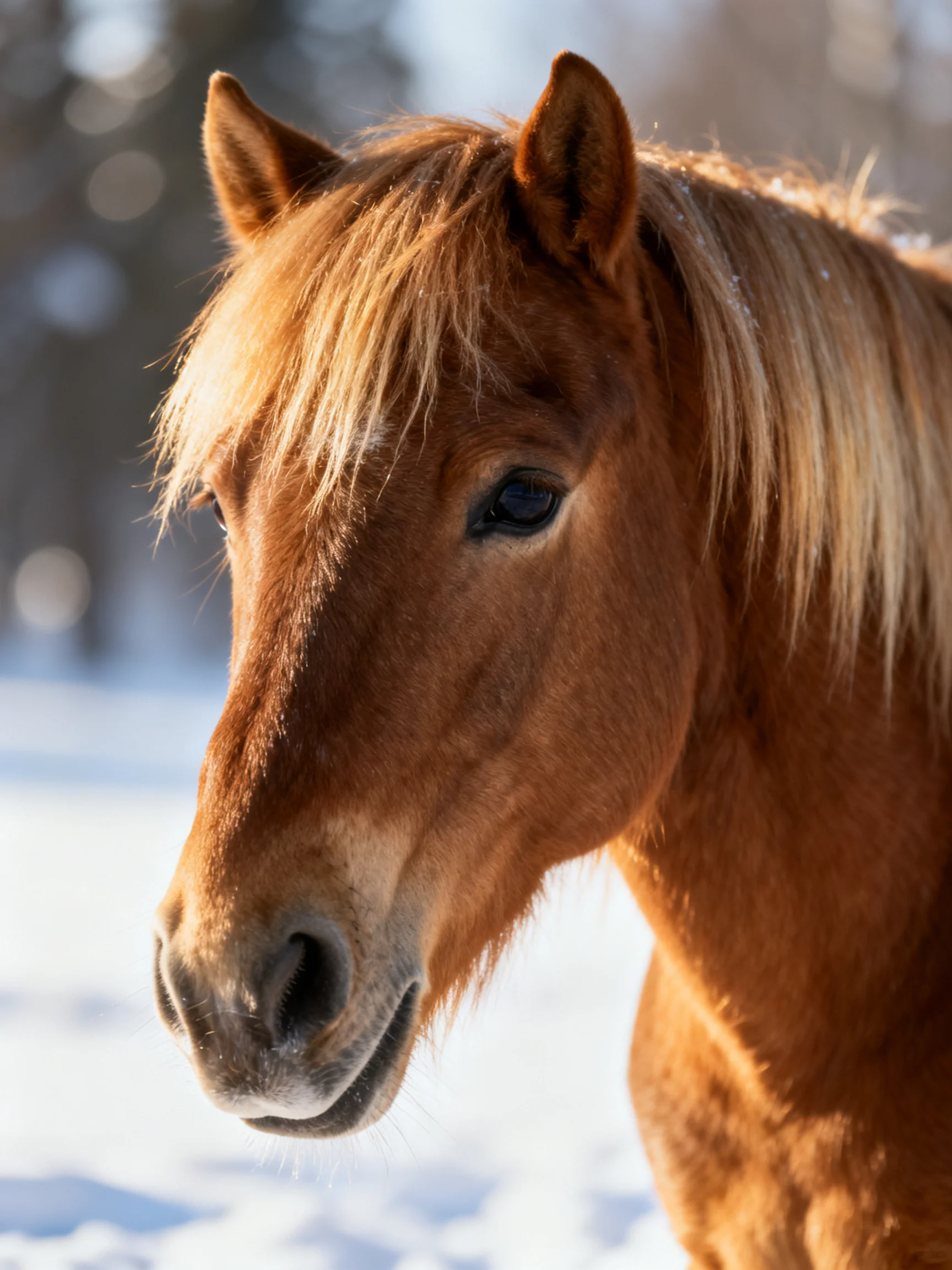 A chestnut horse with golden mane in a snowy landscape