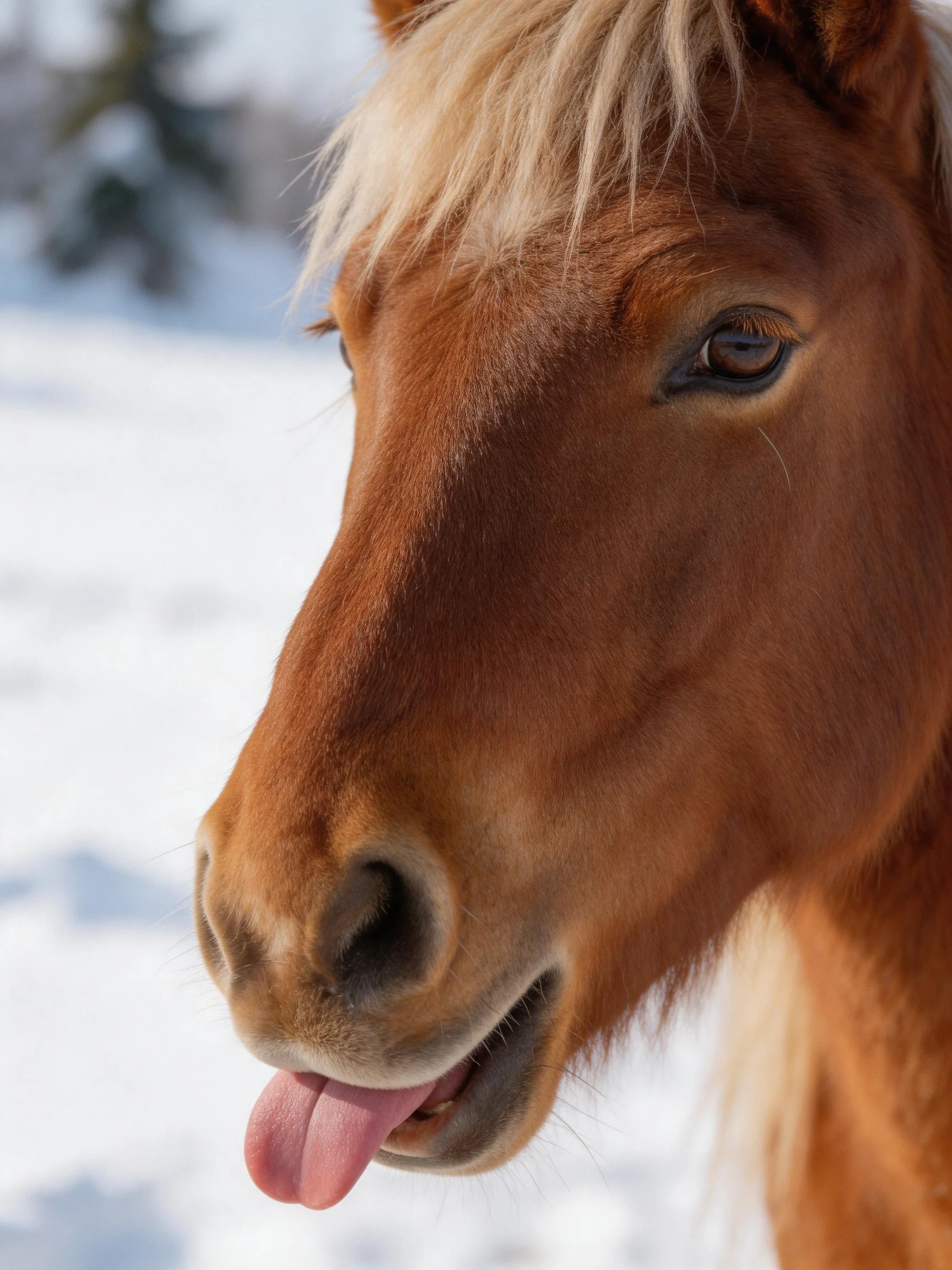 A chestnut horse with golden mane in a snowy landscape