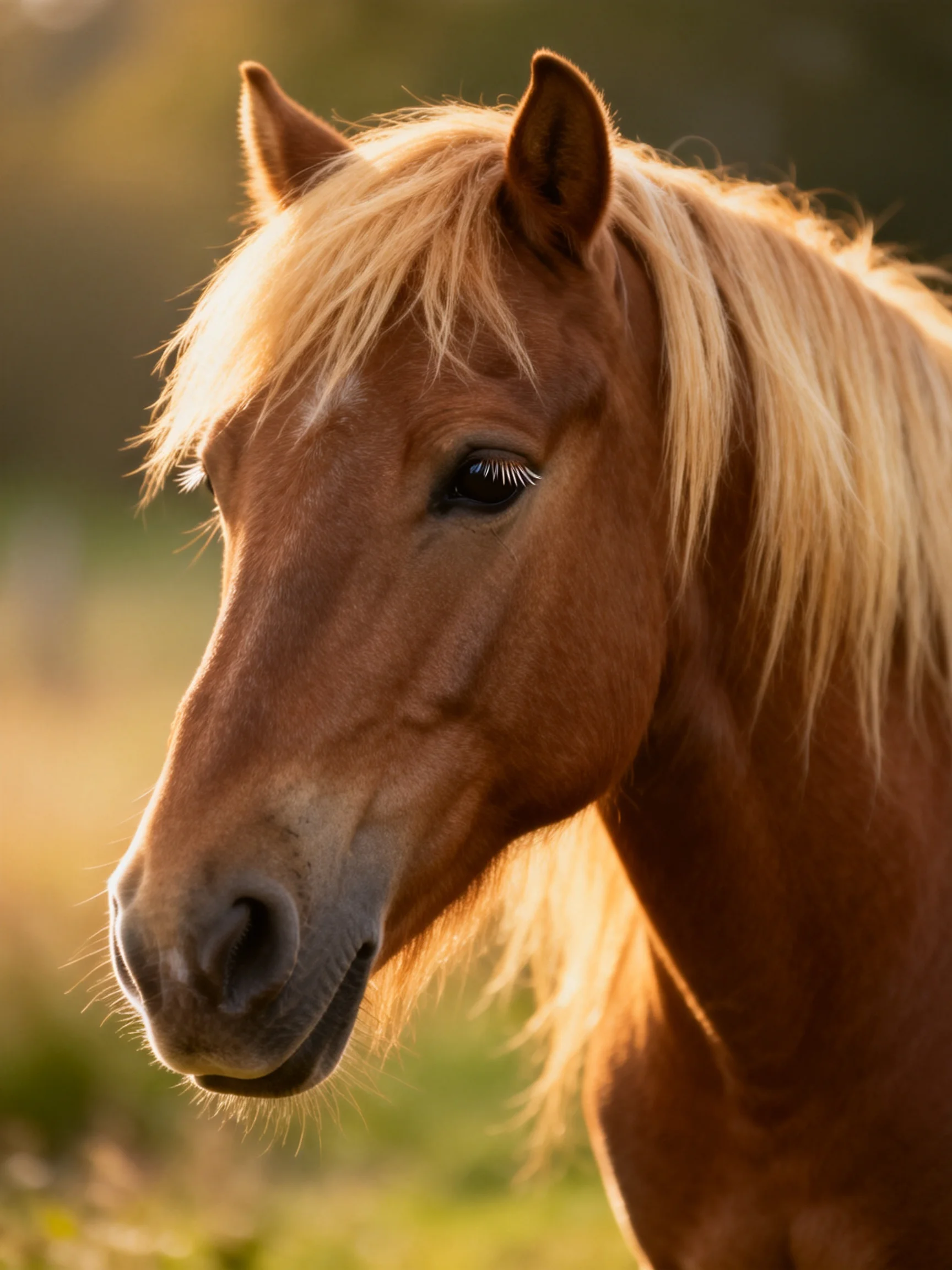 A chestnut horse with golden mane in a sunlit field