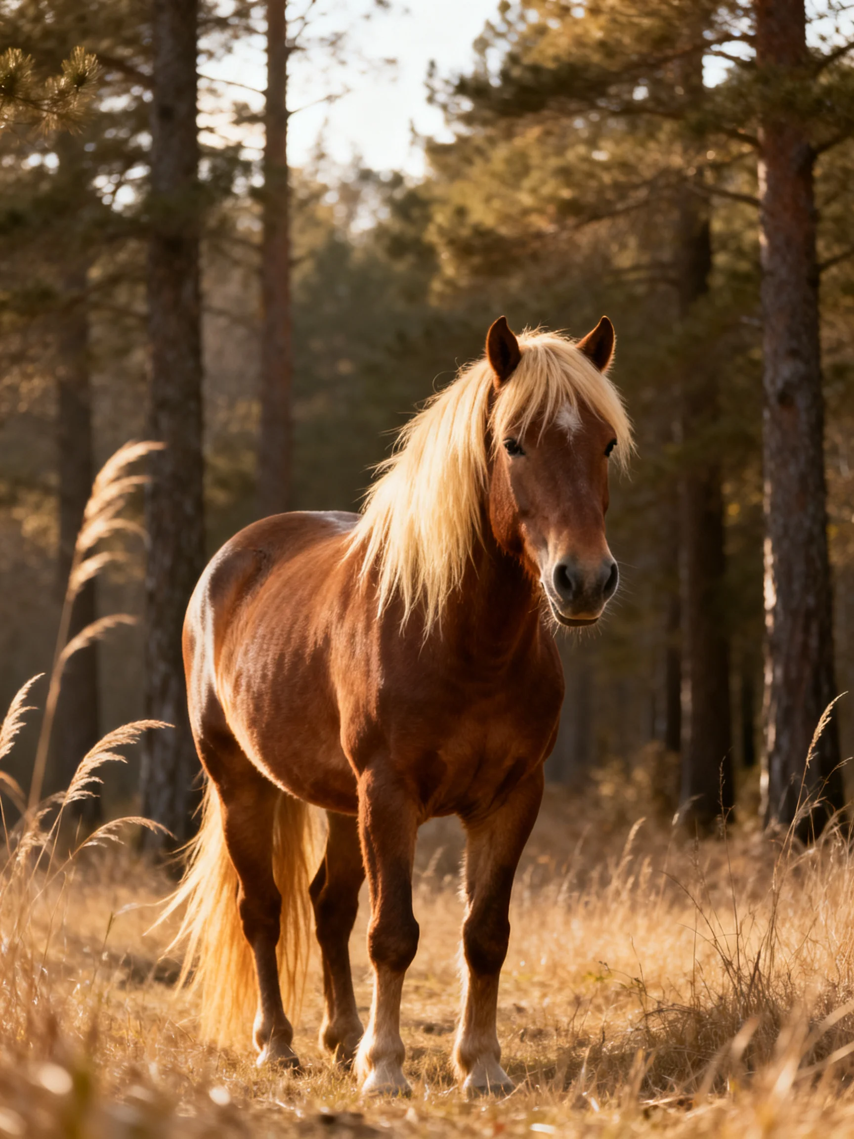 A chestnut horse with golden mane in a sunlit forest clearing