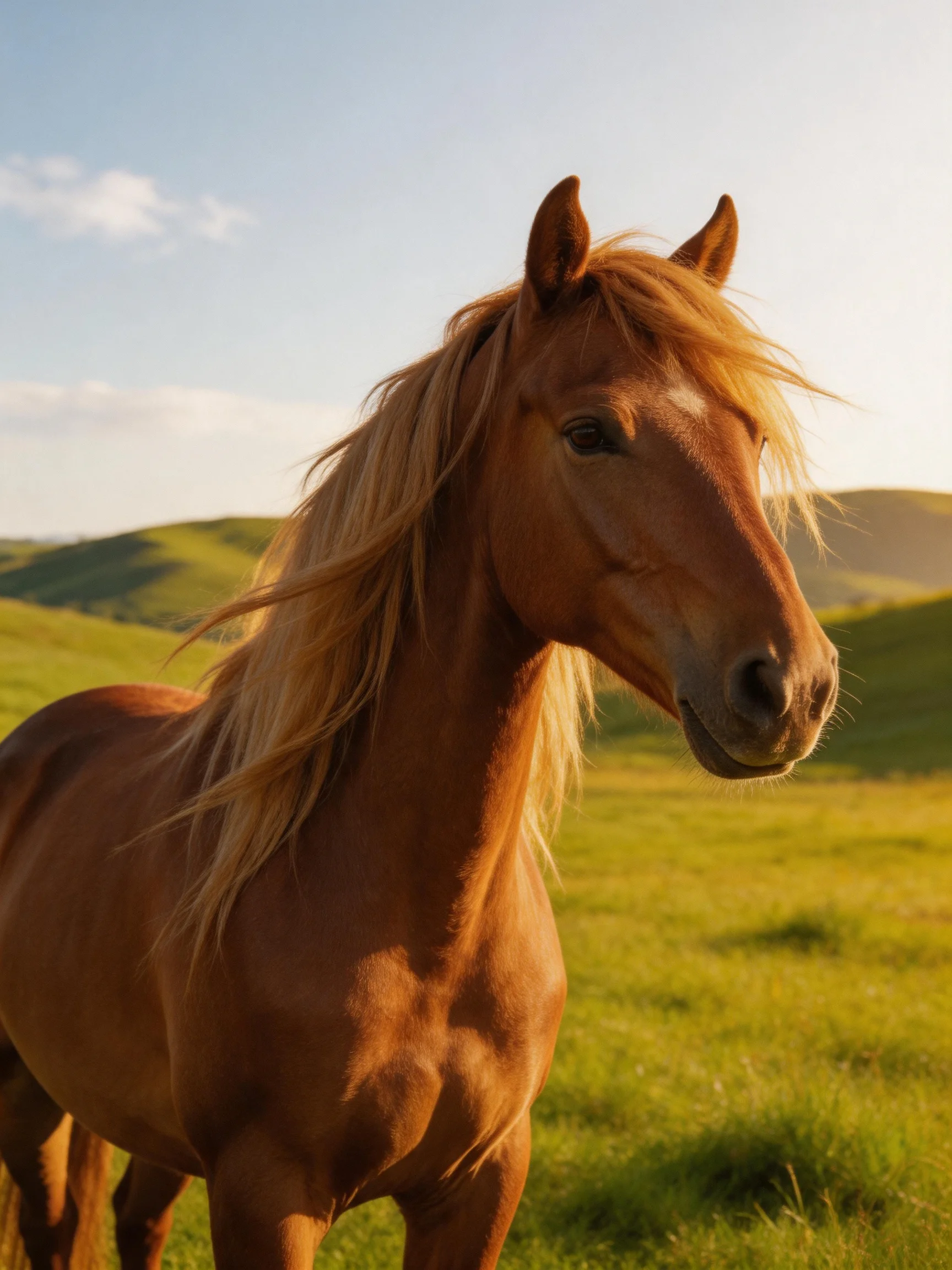 A chestnut horse with a golden mane stands in a sunlit green meadow.
