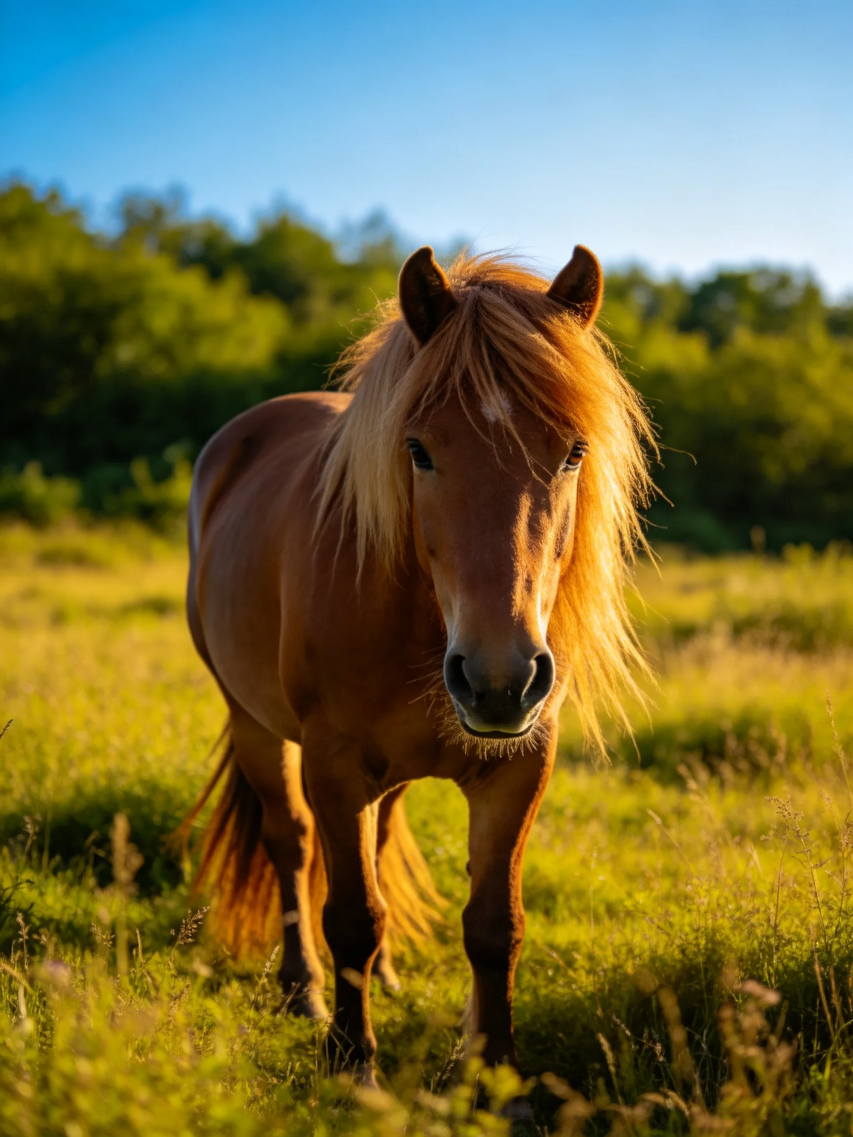 A chestnut horse stands in a sunlit green meadow.