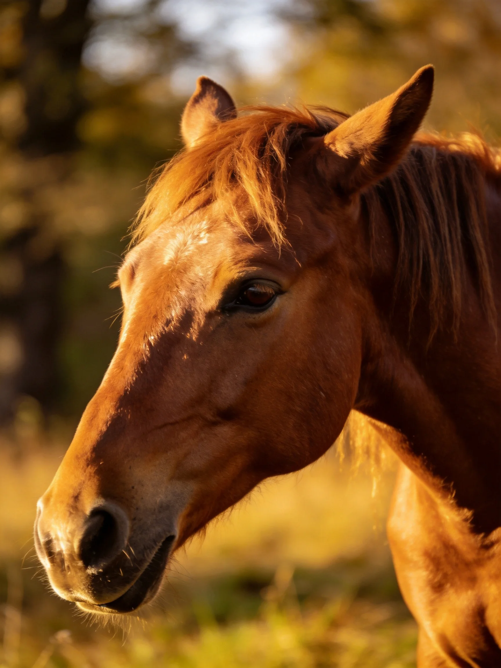 A chestnut horse with golden mane in a sunlit natural landscape