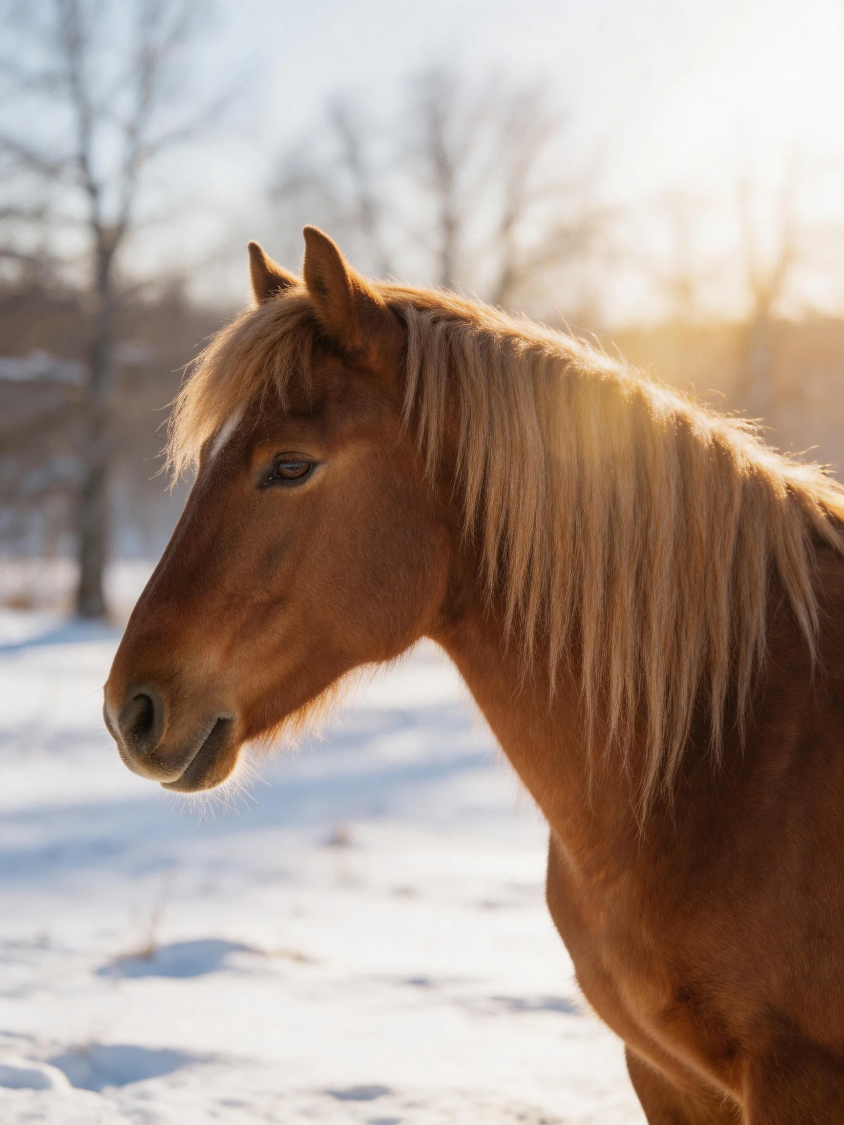 A chestnut horse with golden mane stands in a sunlit snowy field.