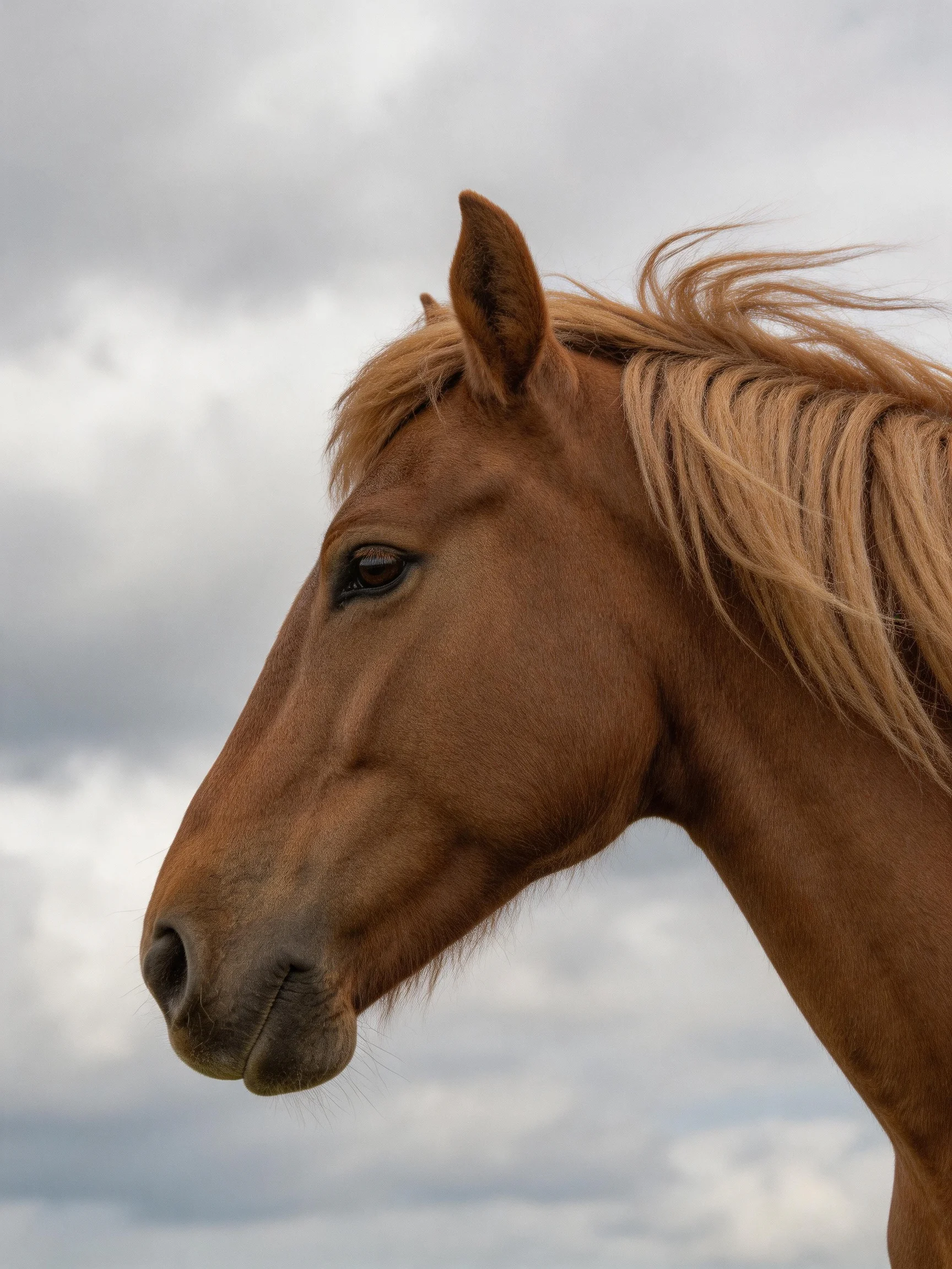 A chestnut horse with golden mane stands before an overcast sky
