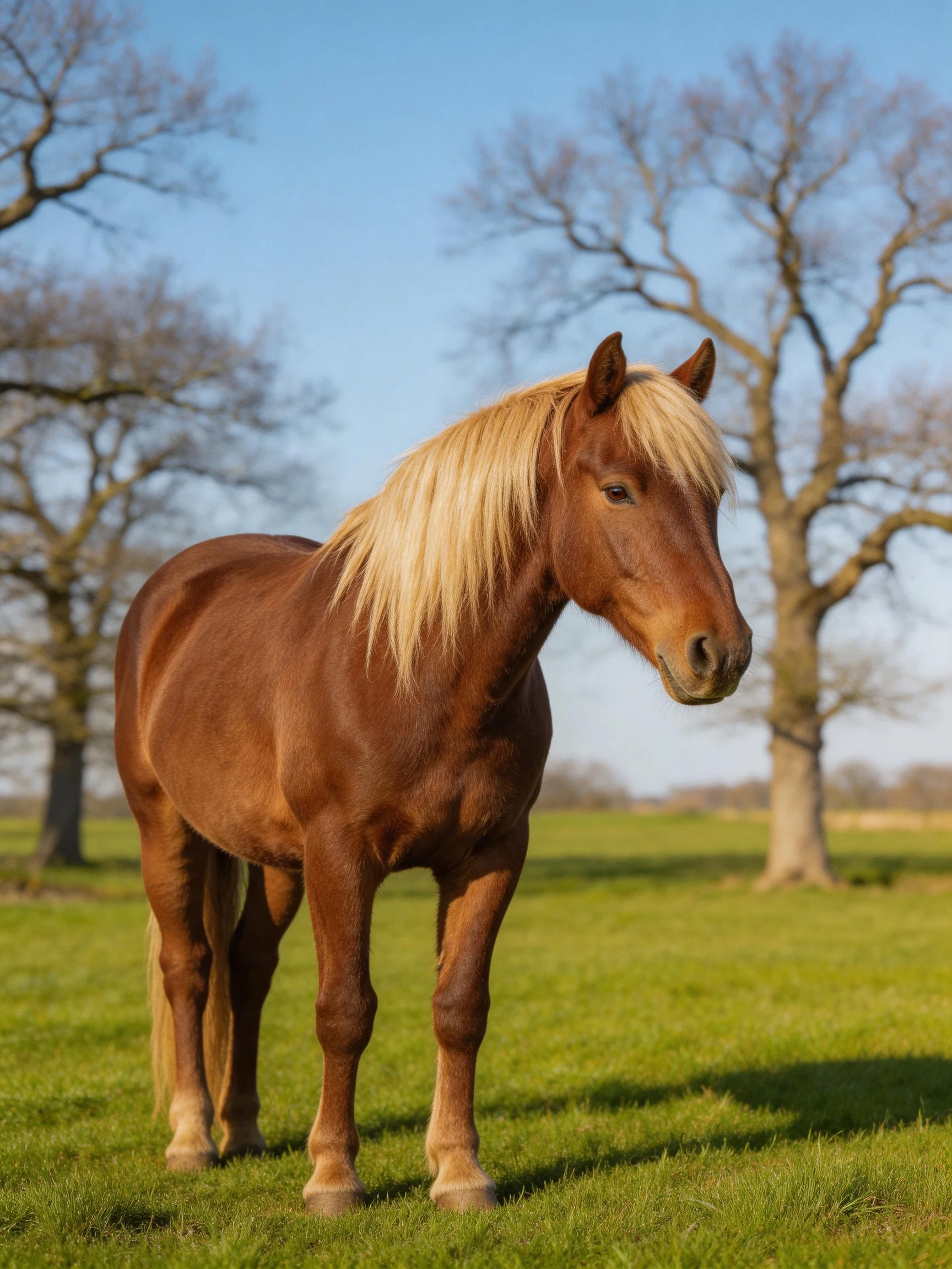 A chestnut horse with golden mane stands in a lush green meadow near leafless trees