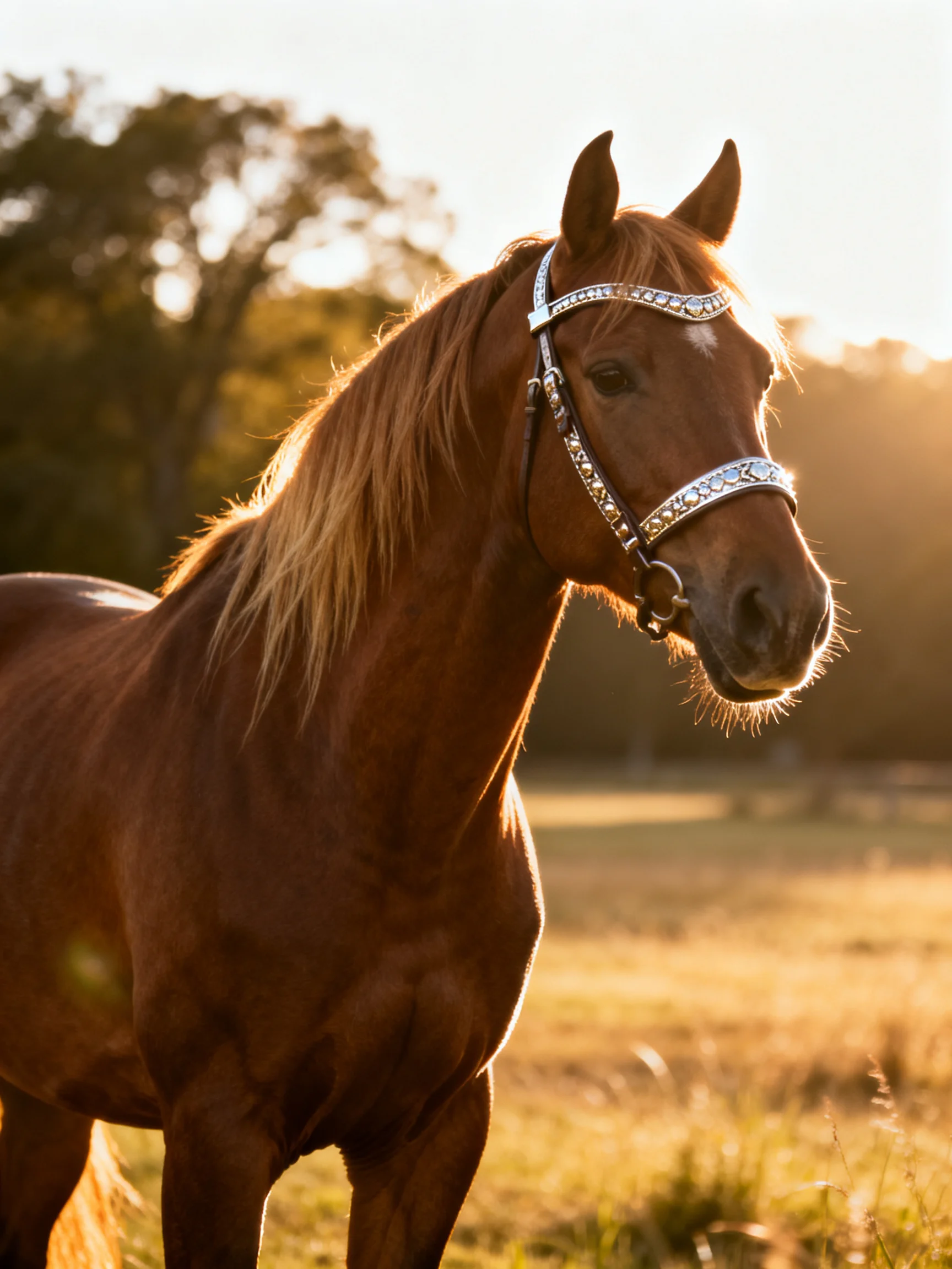 A chestnut horse with jeweled bridle stands in a golden field at sunset