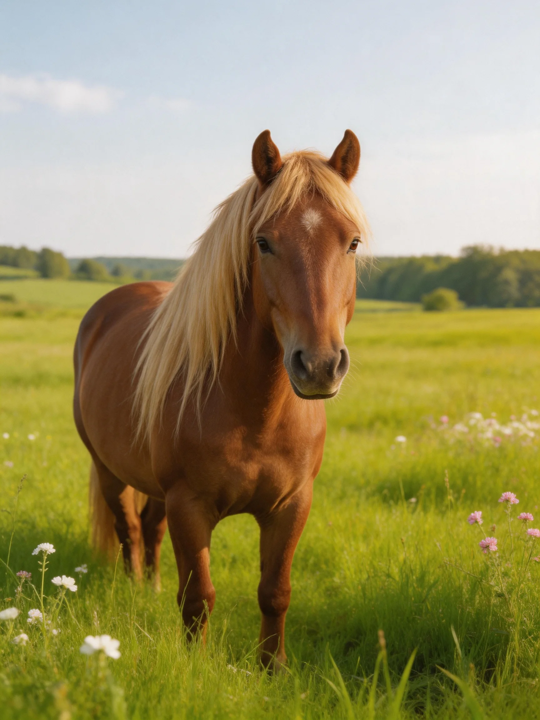 A chestnut horse with long blonde mane in a lush green meadow
