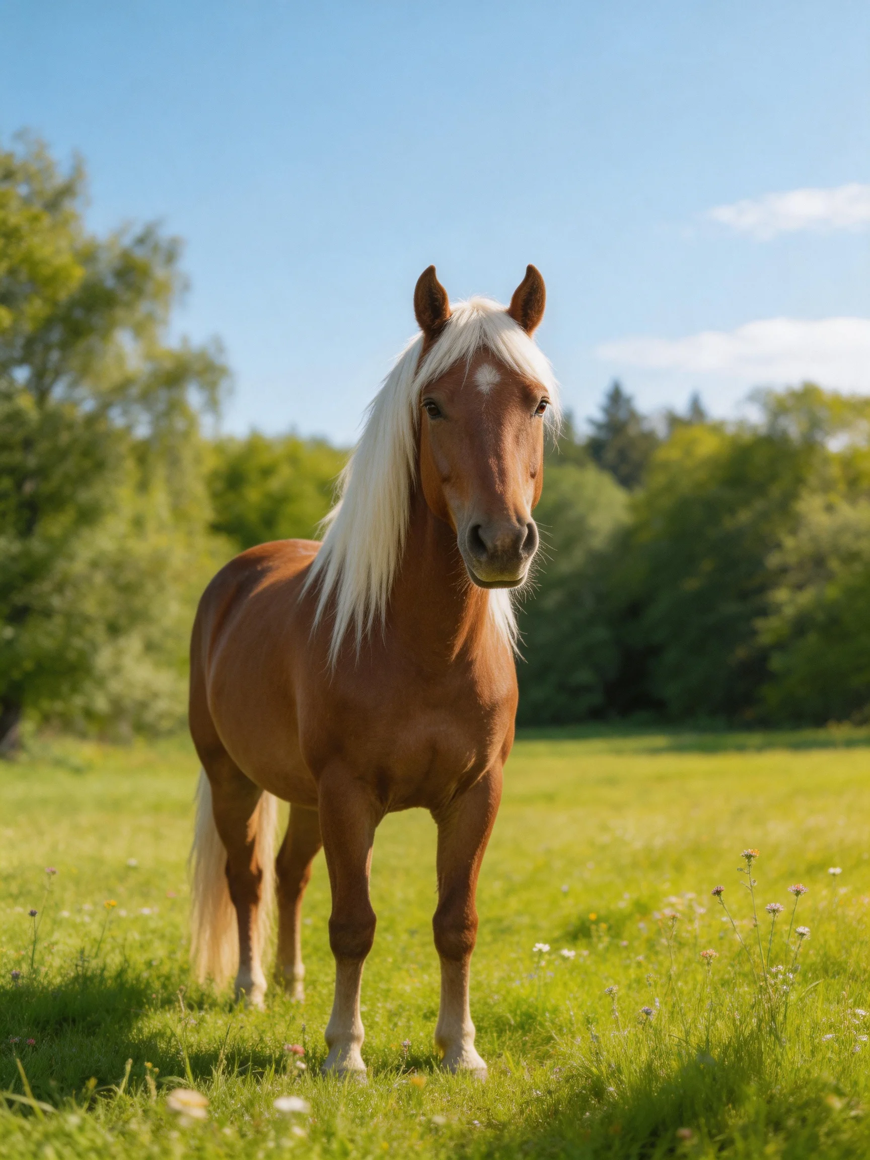 A chestnut horse with long blonde mane stands in a lush green meadow