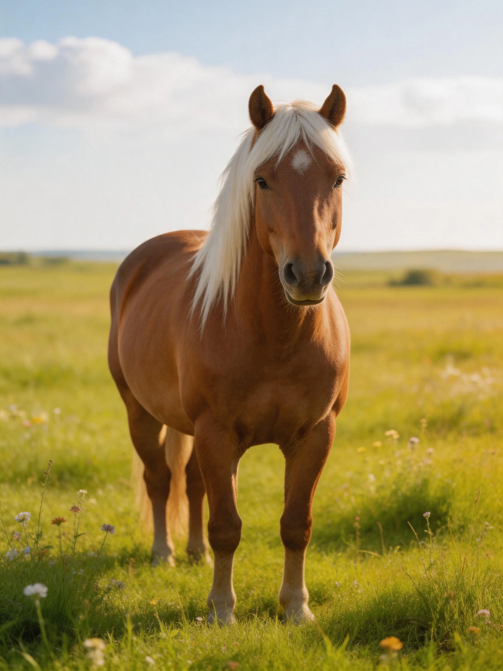 A chestnut horse with long blonde mane stands in a lush green meadow