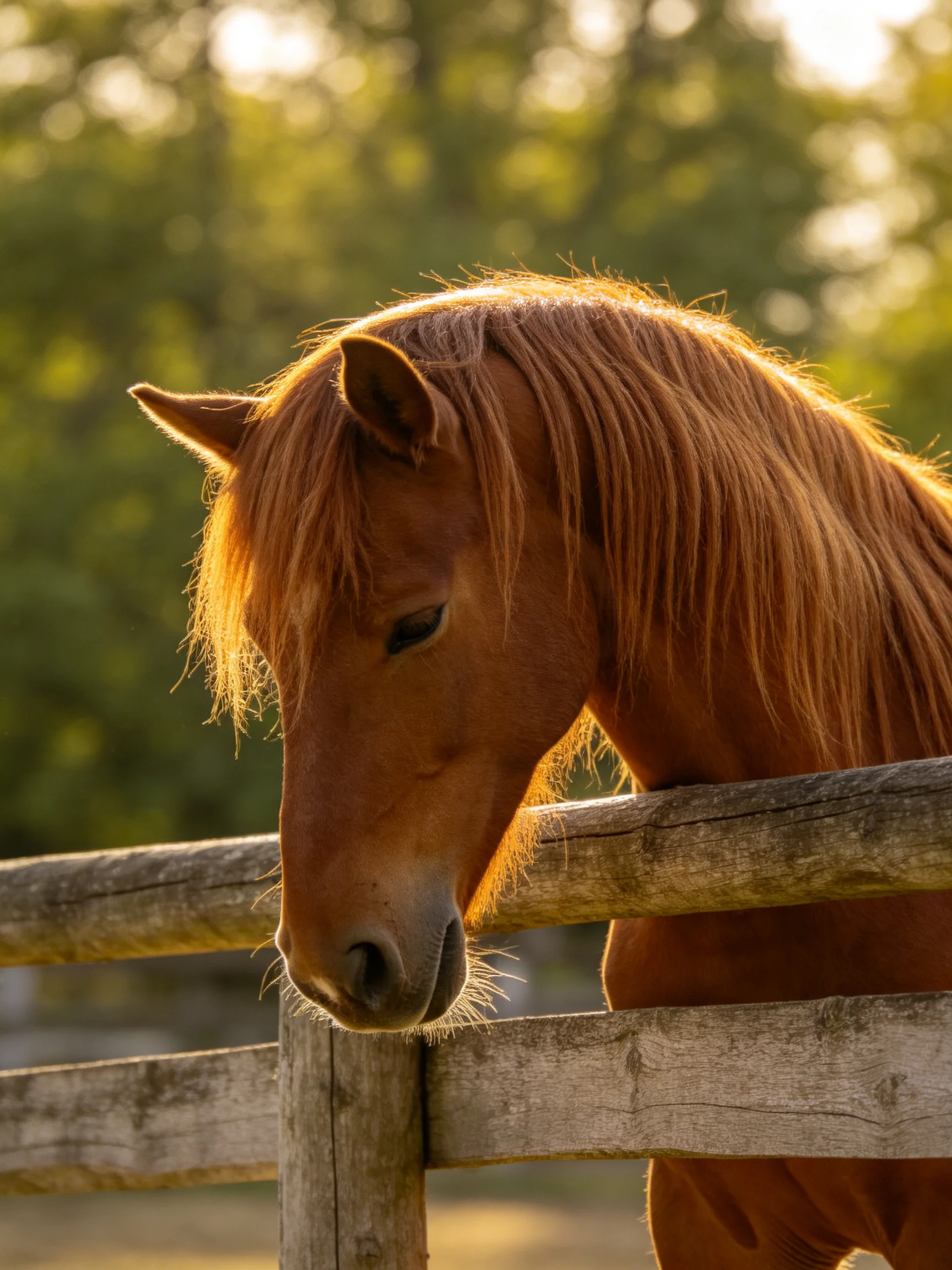 A chestnut horse with long mane leans over a weathered wooden fence in golden sunlight