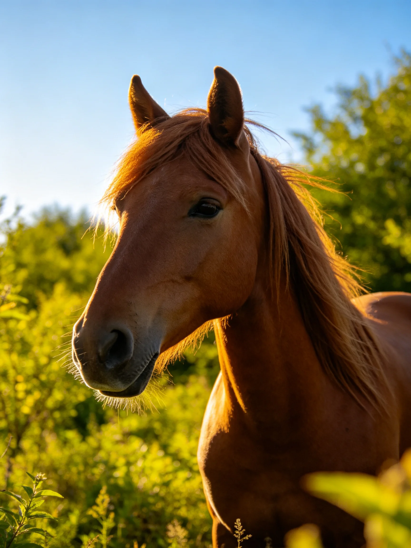 A chestnut horse with long mane near lush green foliage under bright sunlight