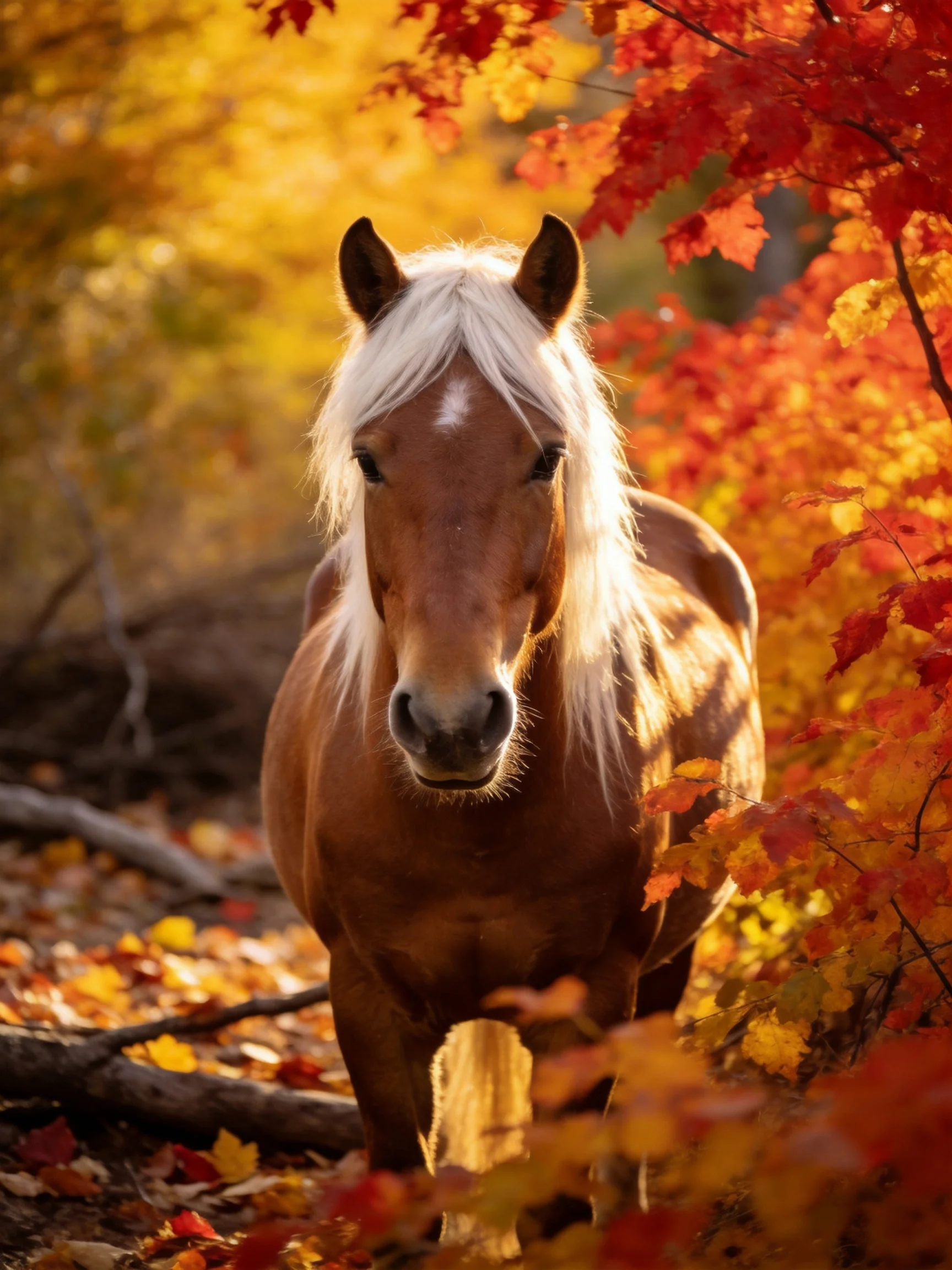 A chestnut horse with long white mane amid autumn foliage