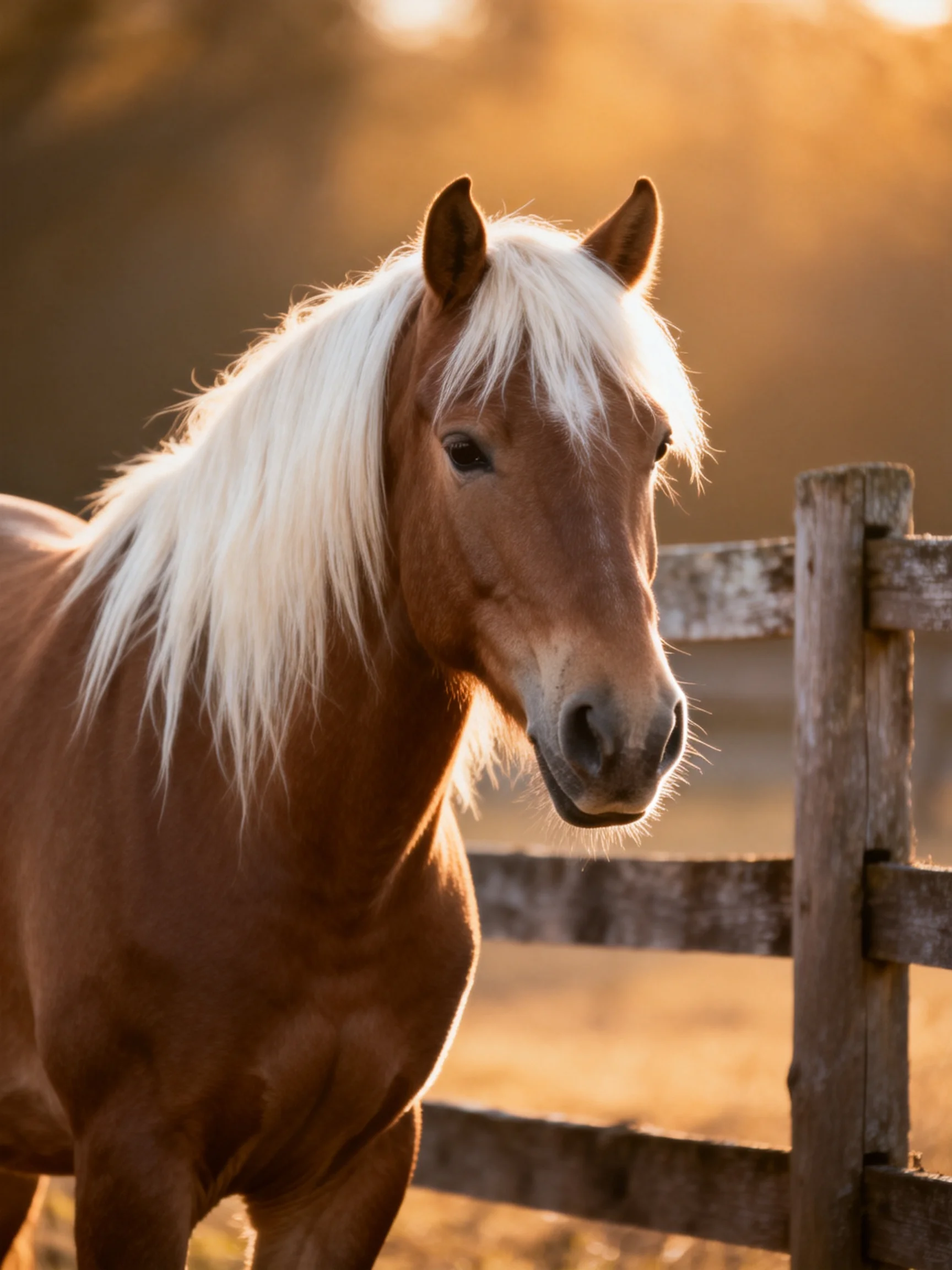 A chestnut horse with long white mane by aged wooden fence