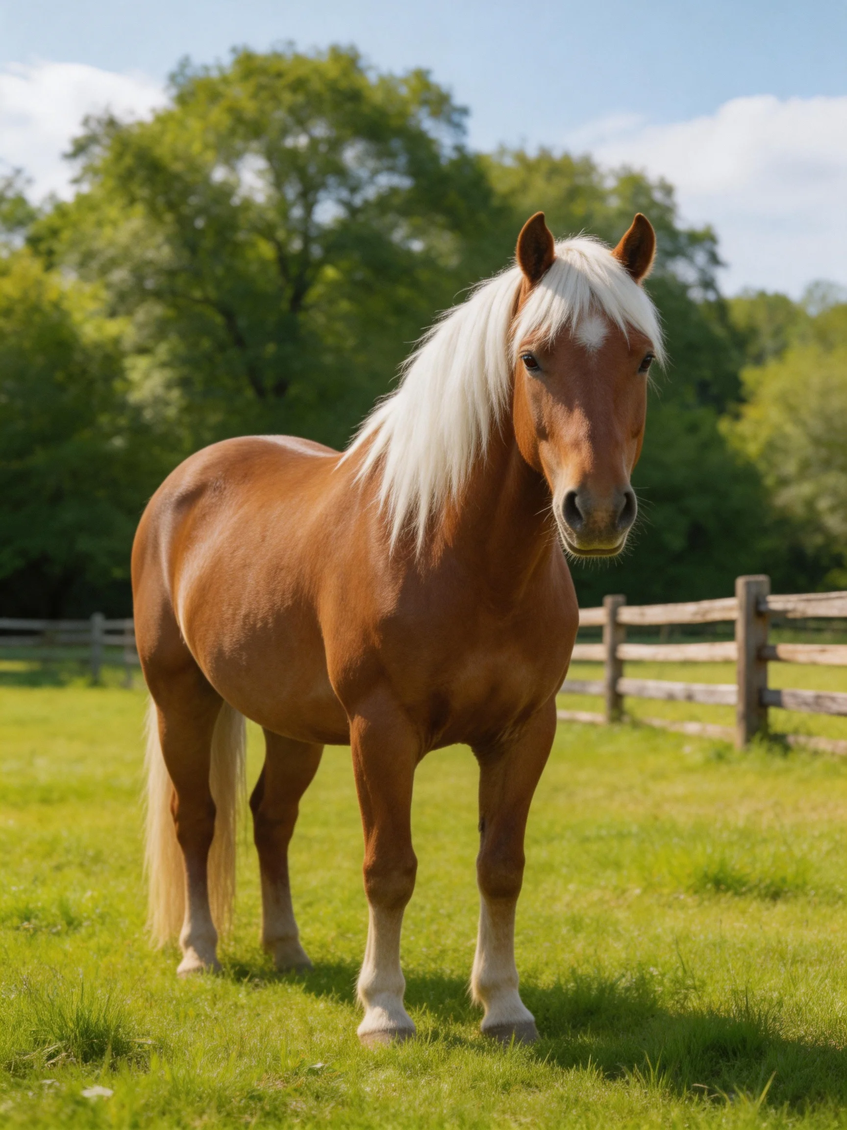 A chestnut horse with long white mane in a sunny pasture