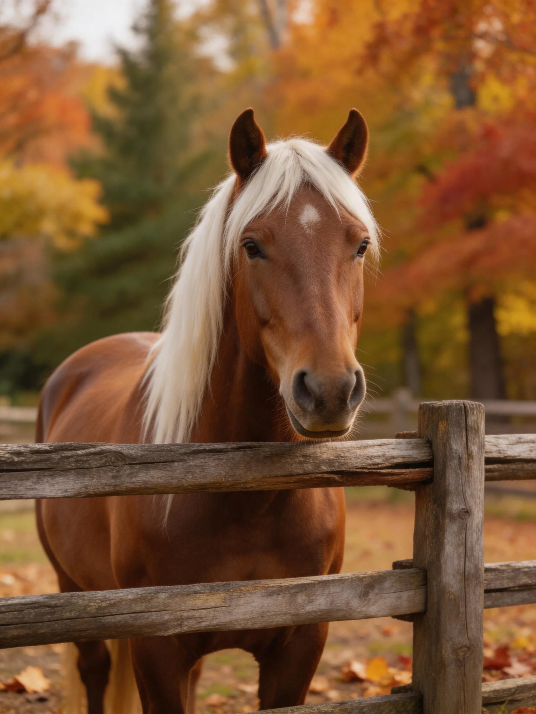A chestnut horse with long white mane near a wooden fence in autumn